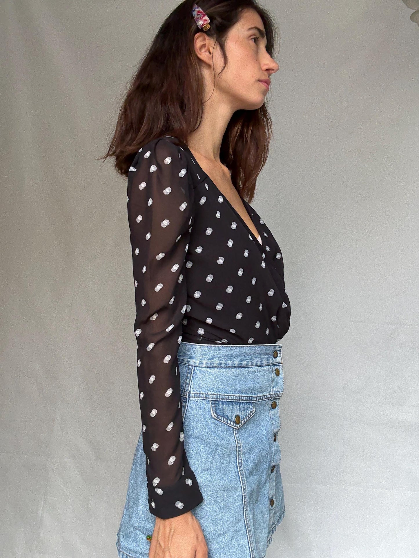 Guess Los Angeles black polka dot bodysuit, v neck top, XS