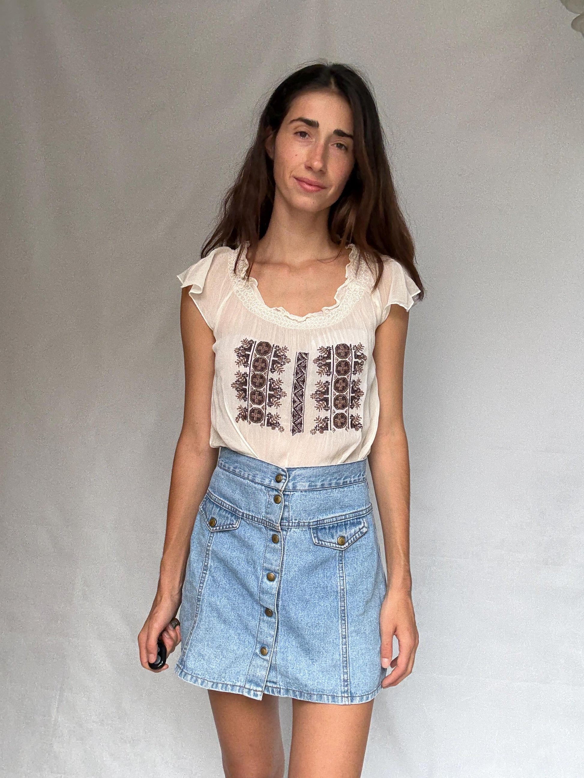 Vintage sheer embroidered blouse with round neckline, cottagecore bohemian see through festival top, casual daywear, Size XS