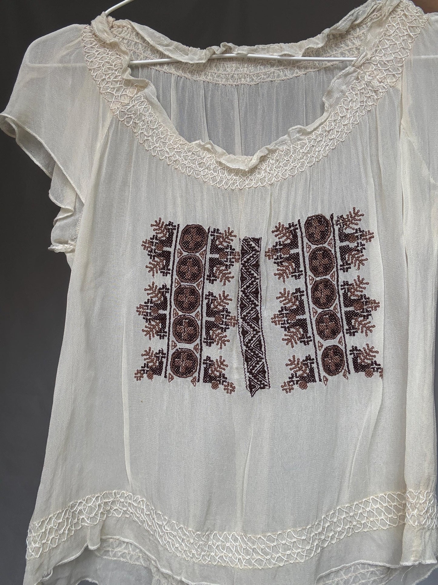 Vintage sheer embroidered blouse with round neckline, cottagecore bohemian see through festival top, casual daywear, Size XS