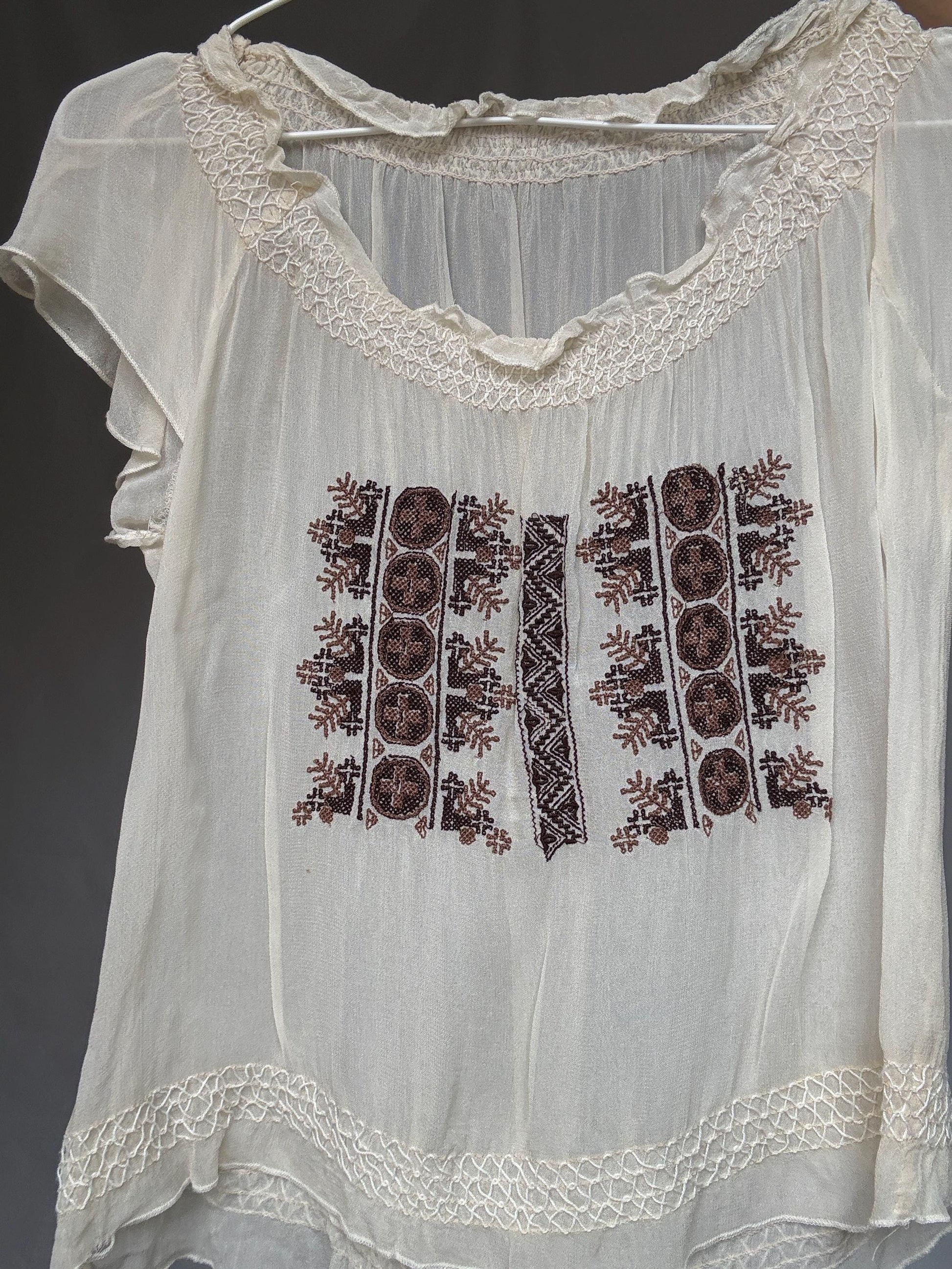 Vintage sheer embroidered blouse with round neckline, cottagecore bohemian see through festival top, casual daywear, Size XS