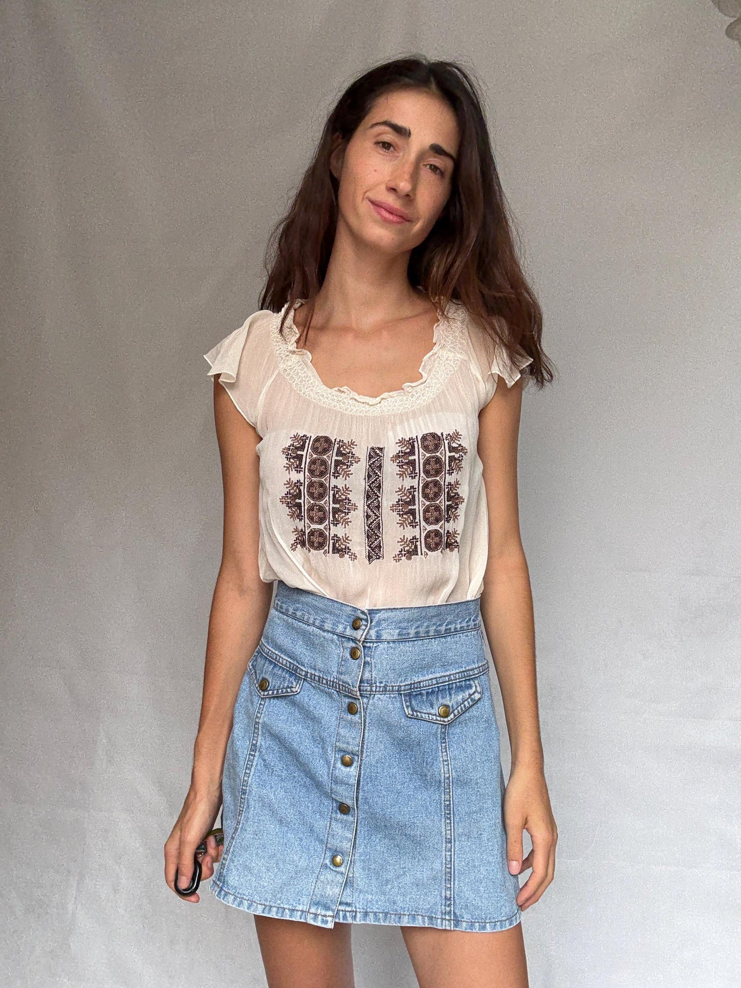 Vintage sheer embroidered blouse with round neckline, cottagecore bohemian see through festival top, casual daywear, Size XS