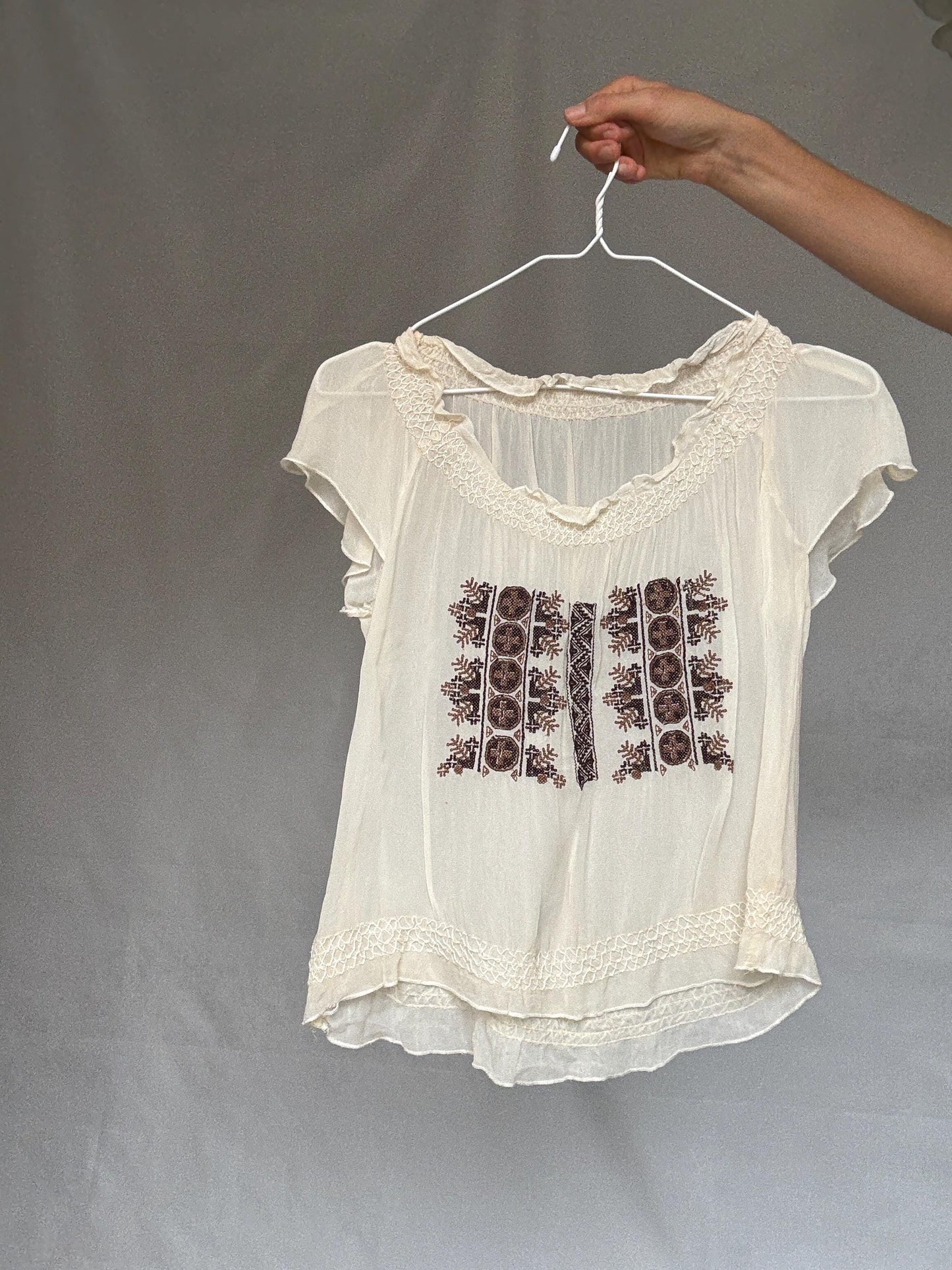 Vintage sheer embroidered blouse with round neckline, cottagecore bohemian see through festival top, casual daywear, Size XS