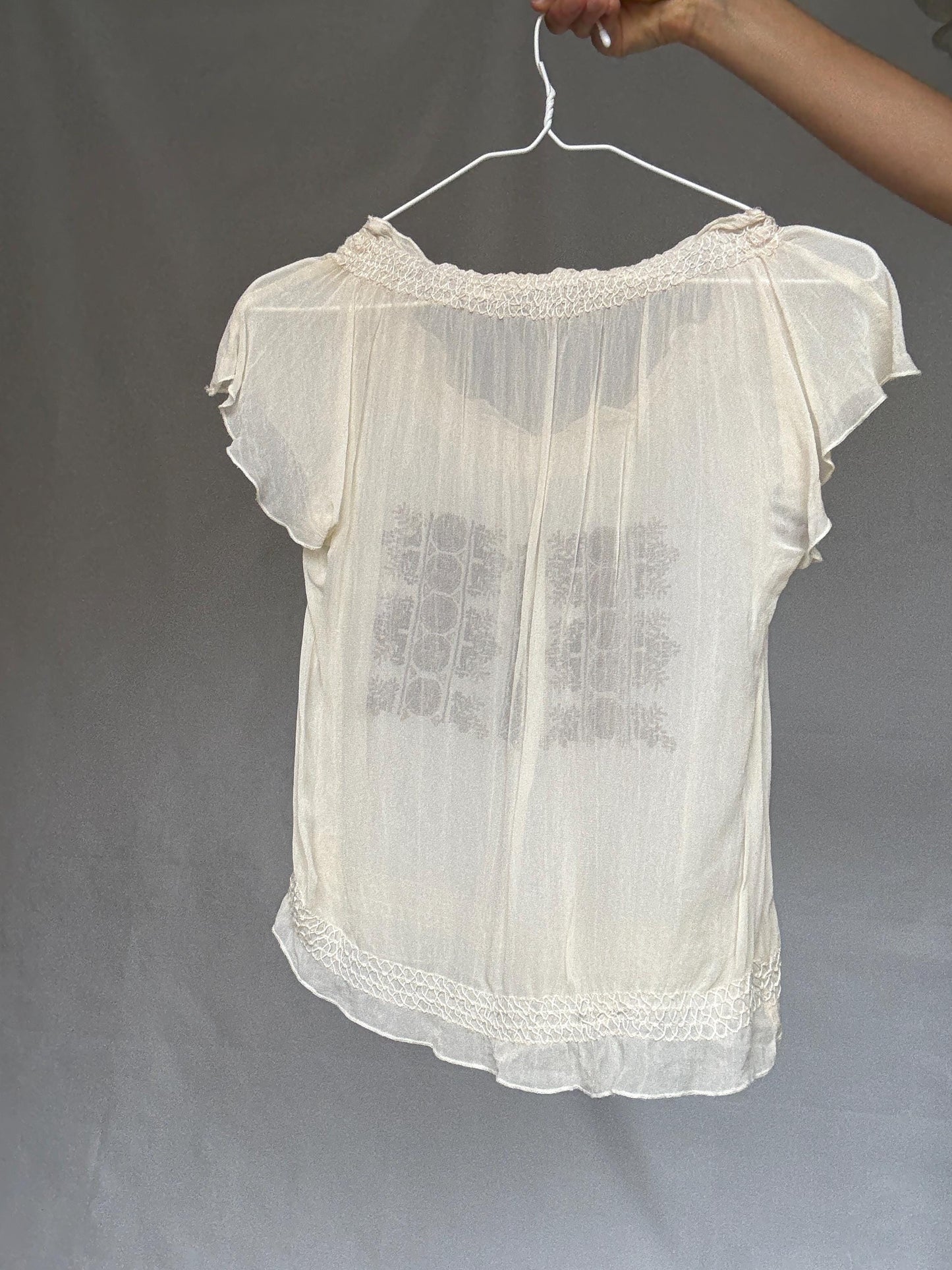 Vintage sheer embroidered blouse with round neckline, cottagecore bohemian see through festival top, casual daywear, Size XS