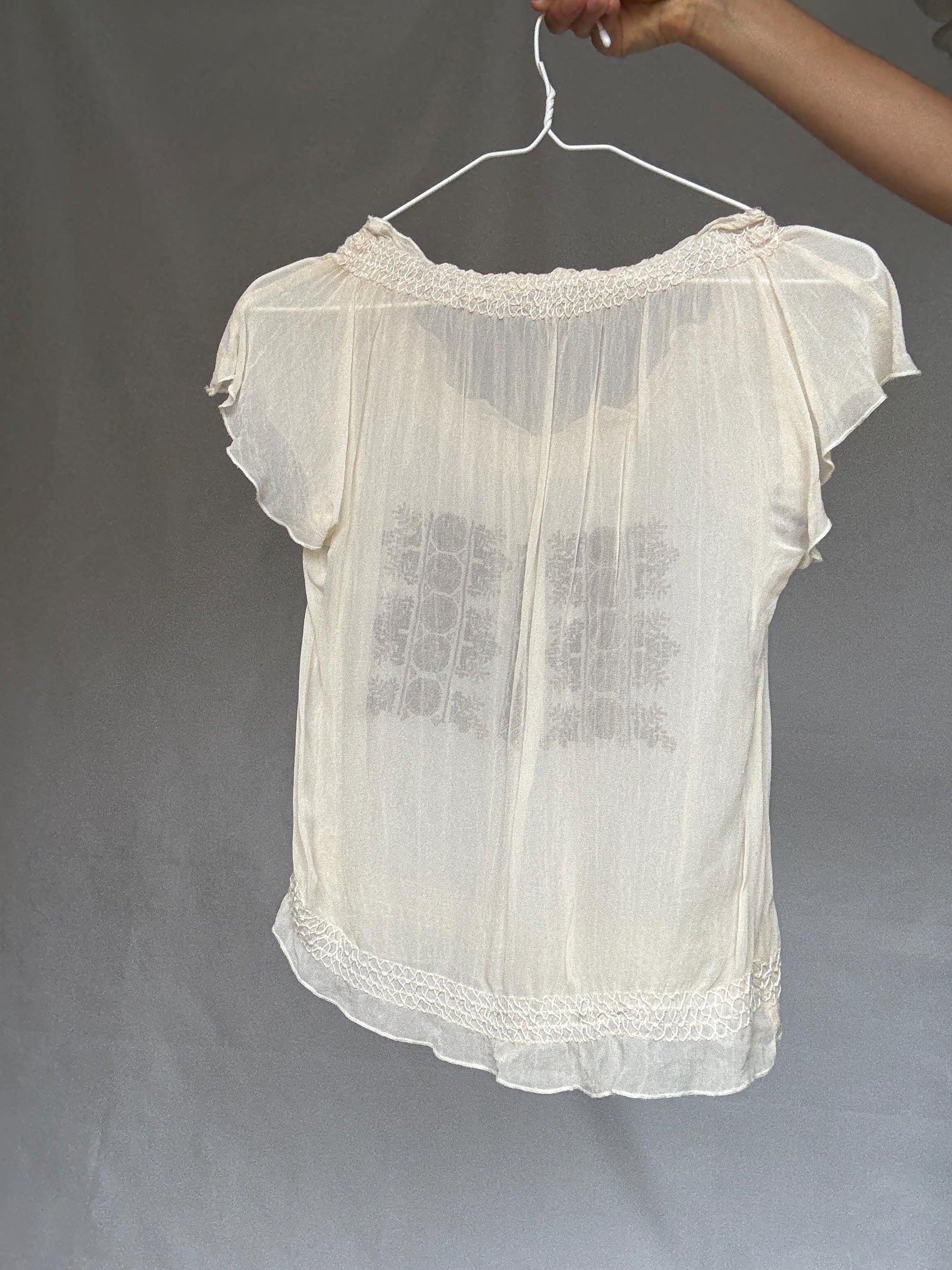 Vintage sheer embroidered blouse with round neckline, cottagecore bohemian see through festival top, casual daywear, Size XS