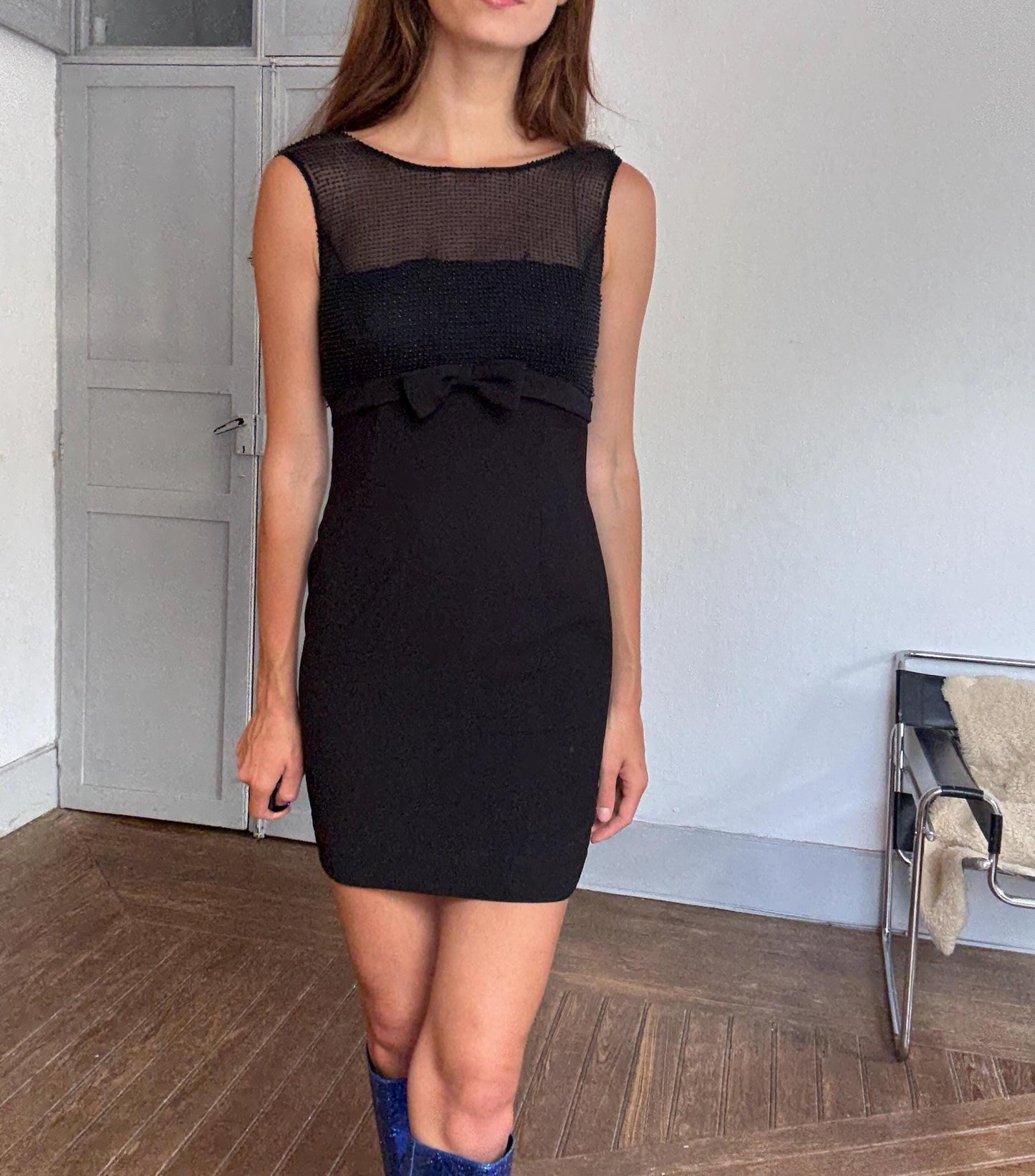 Vintage Pronovias Black Mini Dress with Sheer Beaded Bodice and Bow Detail – Elegant Party Look, Festive formal short sheer dress, XS