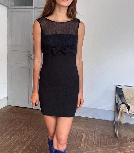 Vintage Pronovias Black Mini Dress with Sheer Beaded Bodice and Bow Detail – Elegant Party Look, Festive formal short sheer dress, XS