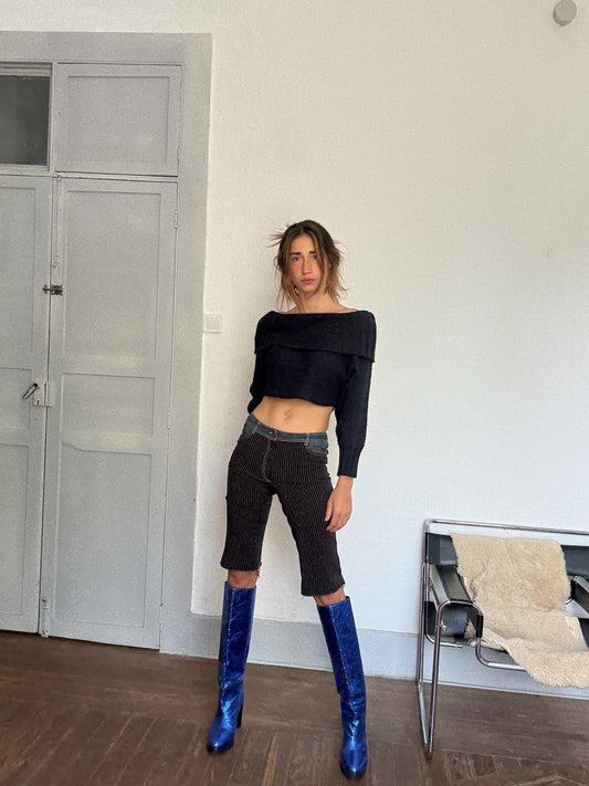 Y2K Pinstripe & Denim Patchwork Capri Pants – Vintage 90s Low Waist Pants | Size M