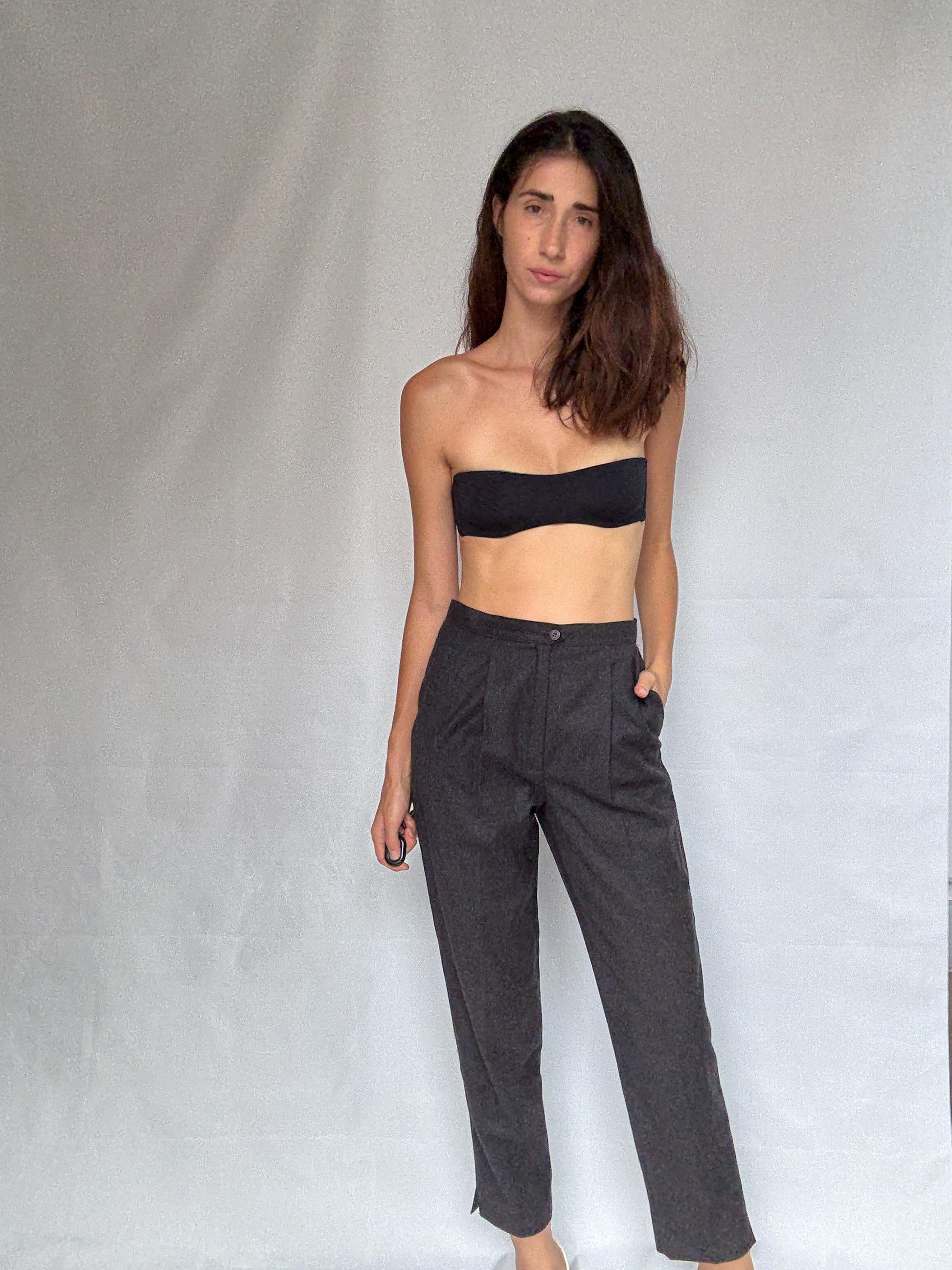 Vintage dark grey trousers, Pure virgin wool high waist tapered fit pants, pleated front dark academia wear, US S, smart winter wear fashion