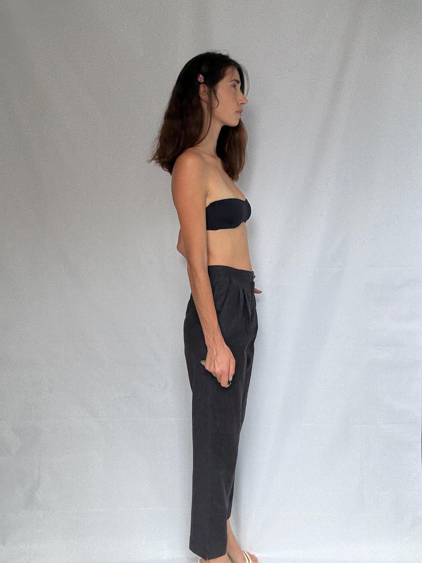 Vintage dark grey trousers, Pure virgin wool high waist tapered fit pants, pleated front dark academia wear, US S, smart winter wear fashion