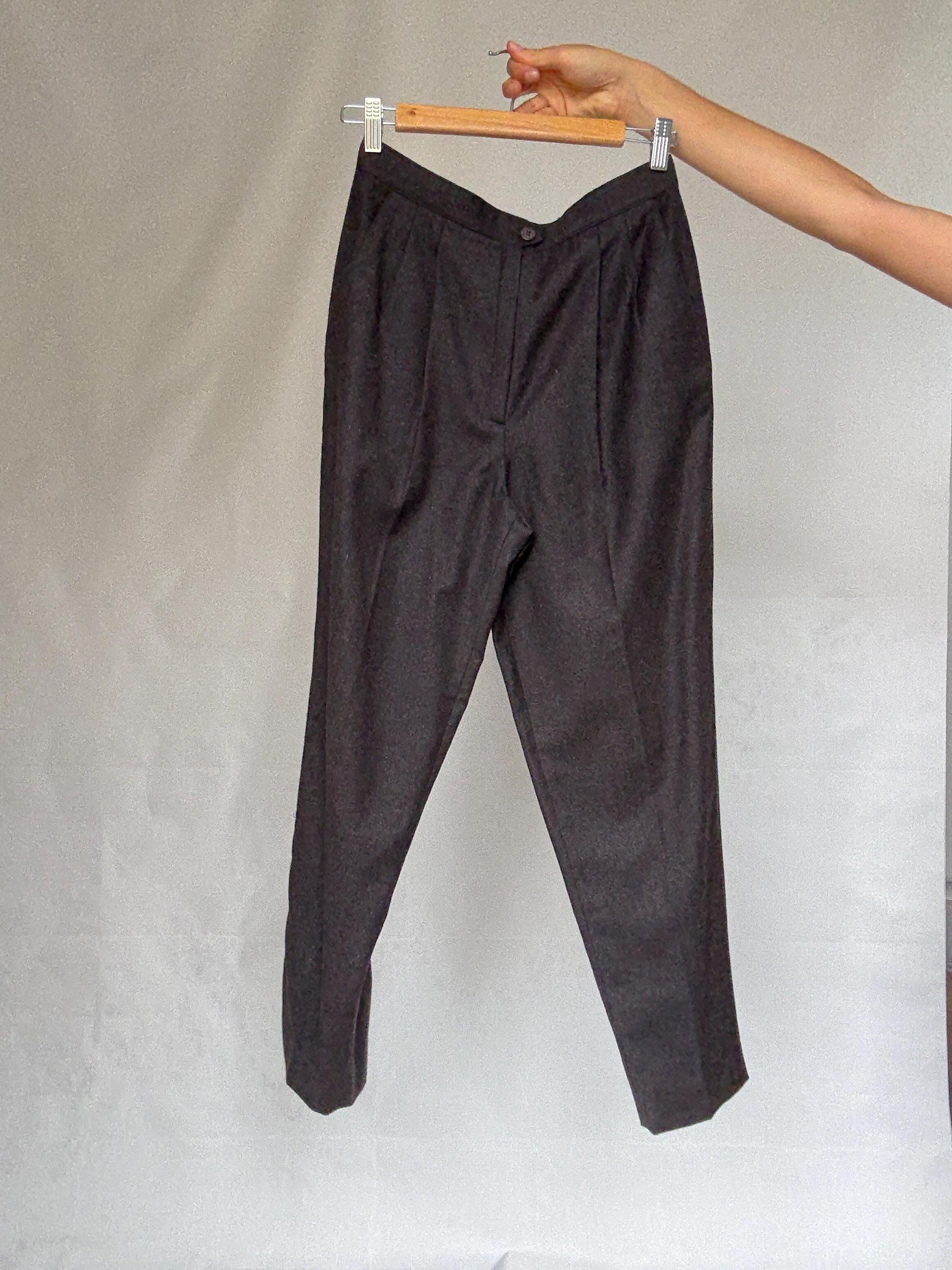 Vintage dark grey trousers, Pure virgin wool high waist tapered fit pants, pleated front dark academia wear, US S, smart winter wear fashion