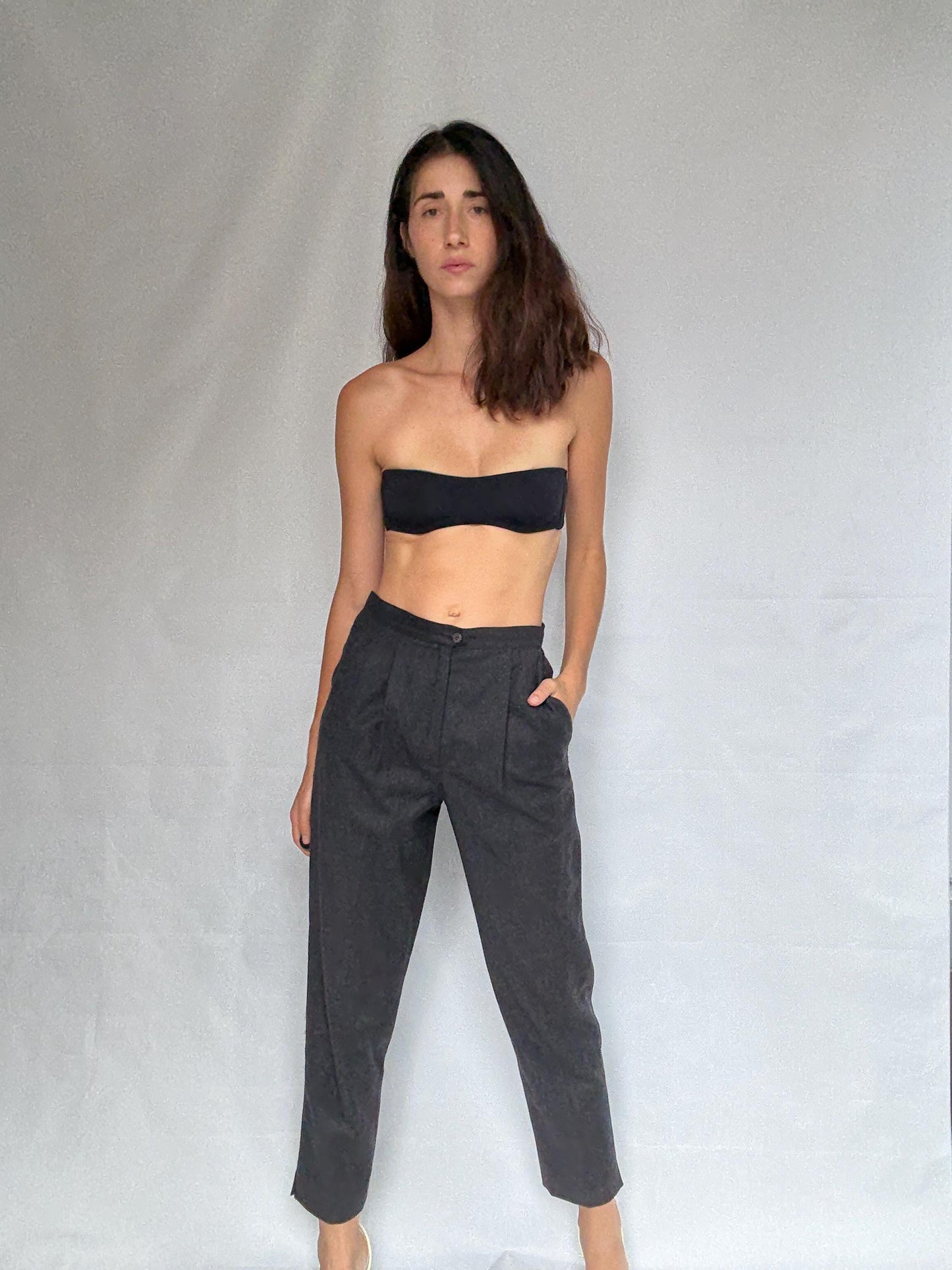 Vintage dark grey trousers, Pure virgin wool high waist tapered fit pants, pleated front dark academia wear, US S, smart winter wear fashion