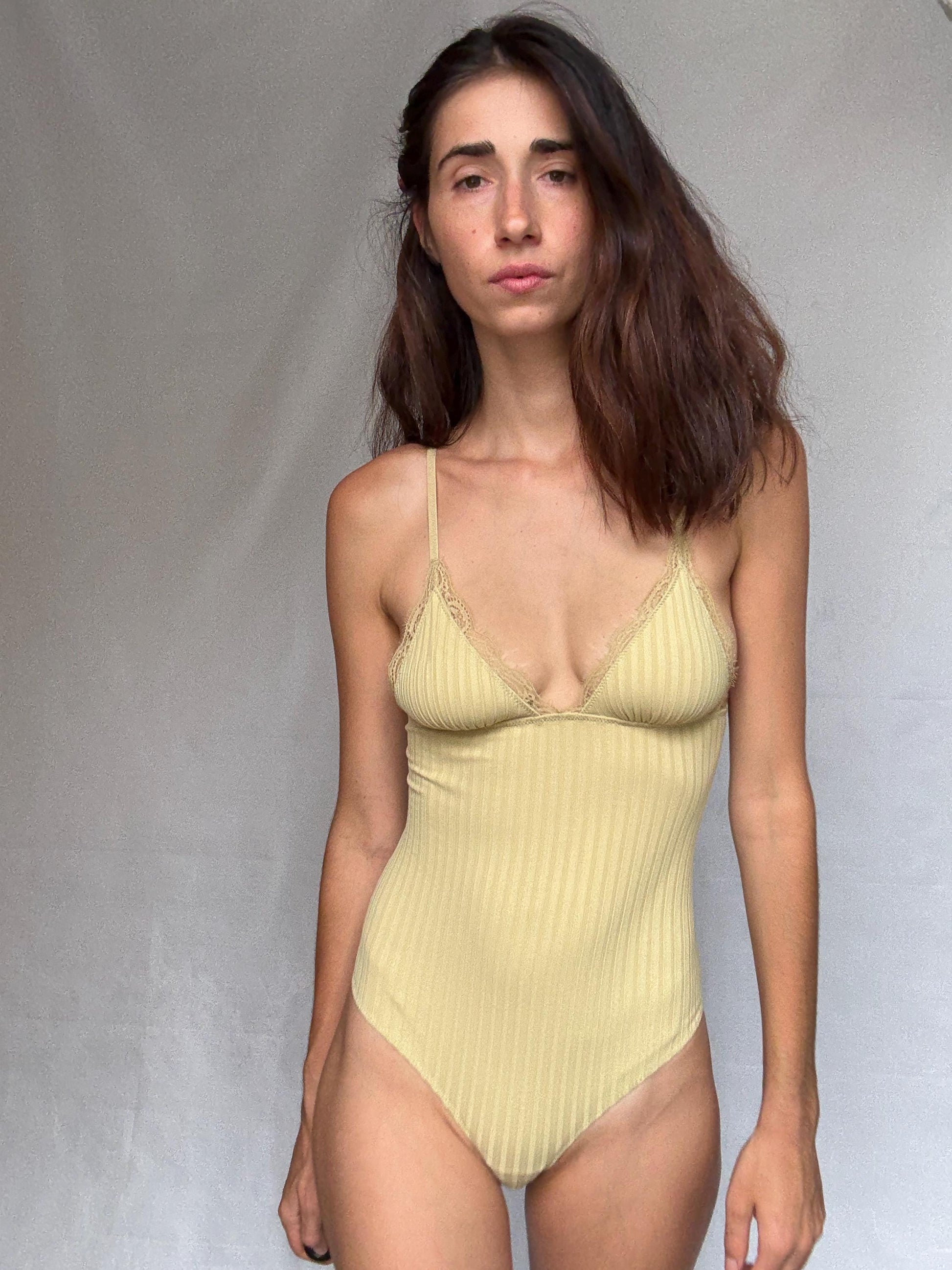 Yellow lace trimmed lingerie bodysuit, Size XS - S