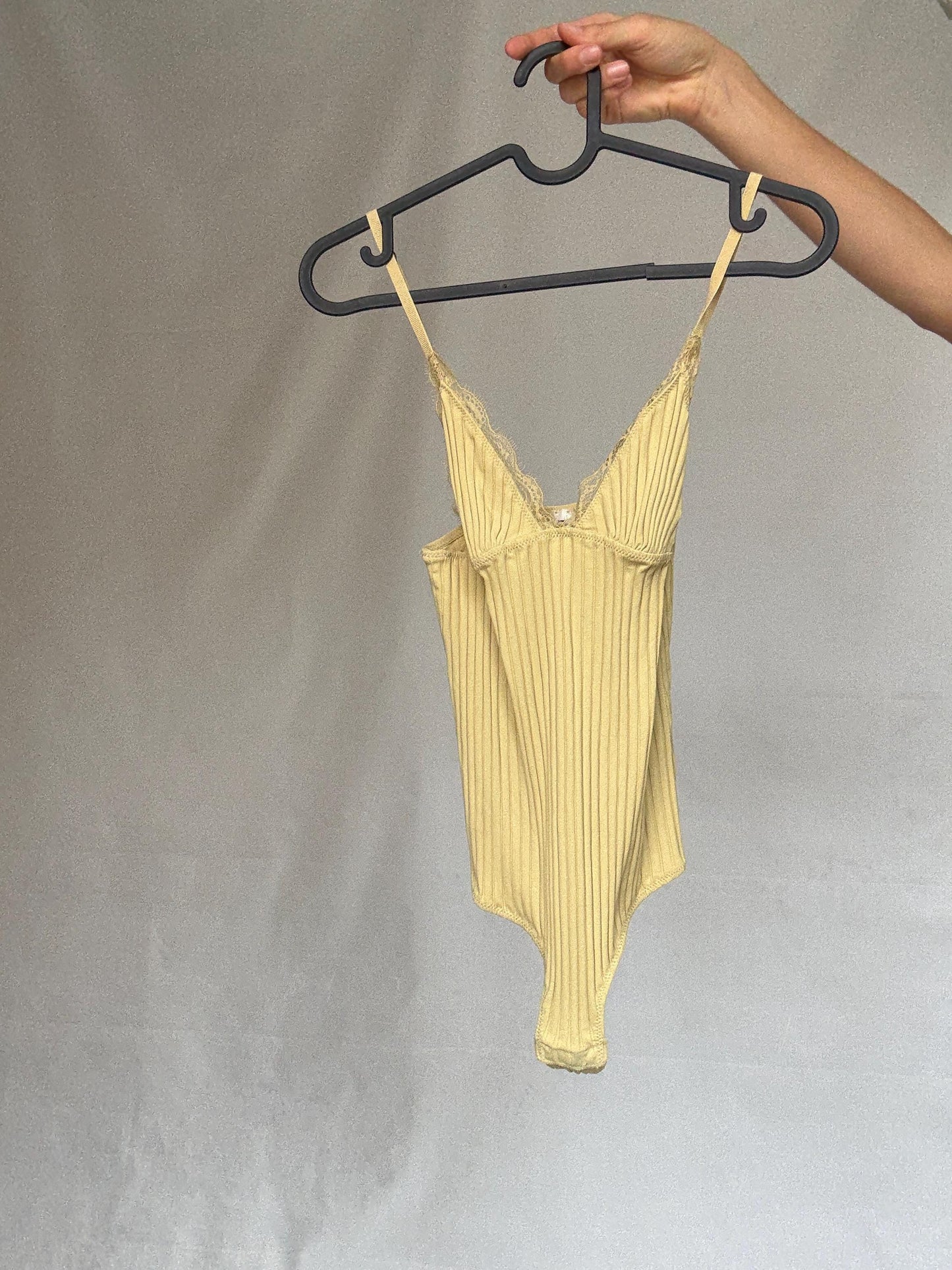 Yellow lace trimmed lingerie bodysuit, Size XS - S