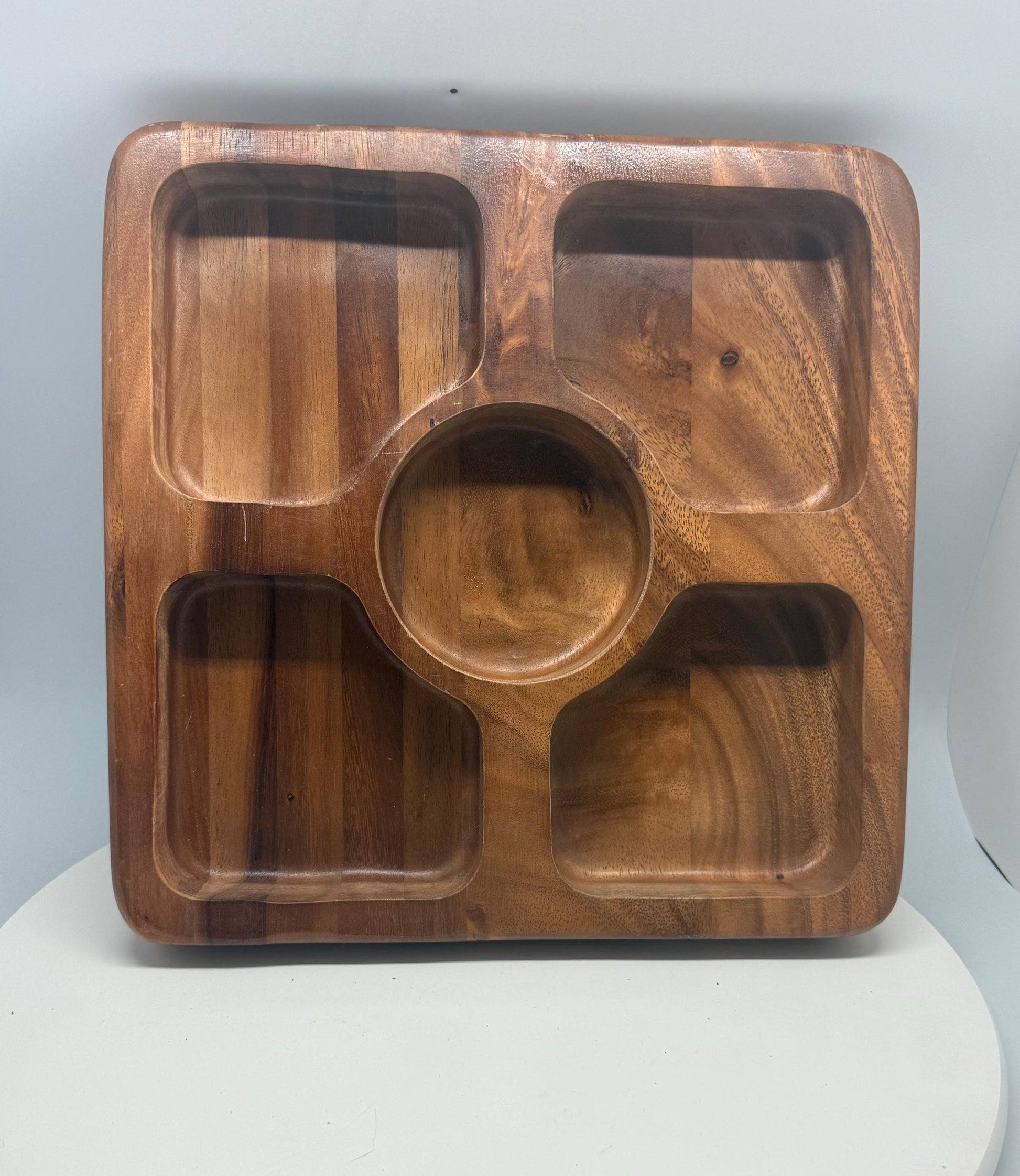 Vintage wood serving tray, rich natural wood with rounded edges, versatile compartments, retro 80s waldorf, artistic display