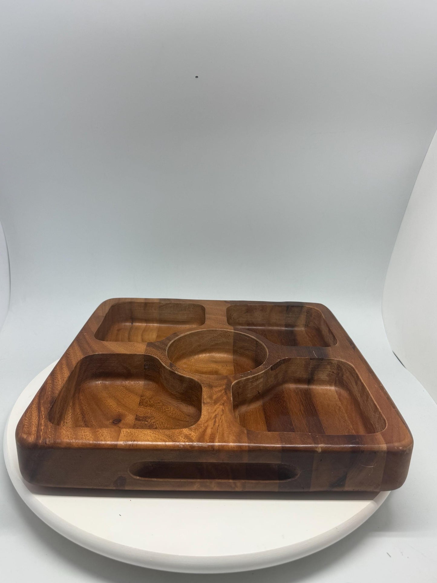 Vintage wood serving tray, rich natural wood with rounded edges, versatile compartments, retro 80s waldorf, artistic display