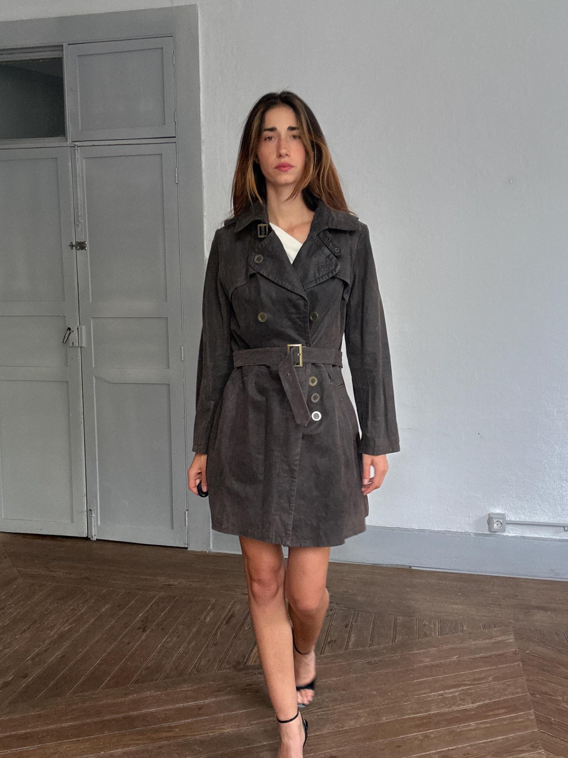 Matrix-Inspired Brown Leather Trench Coat