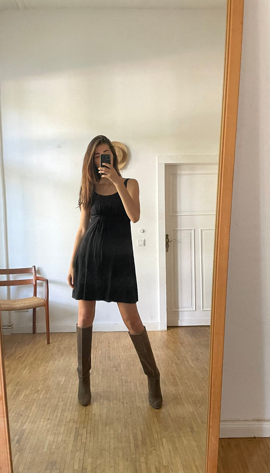 Dorothee Schumacher black mini dress – wool blend neckline, silk-feel body, size S, elegant party-ready fit