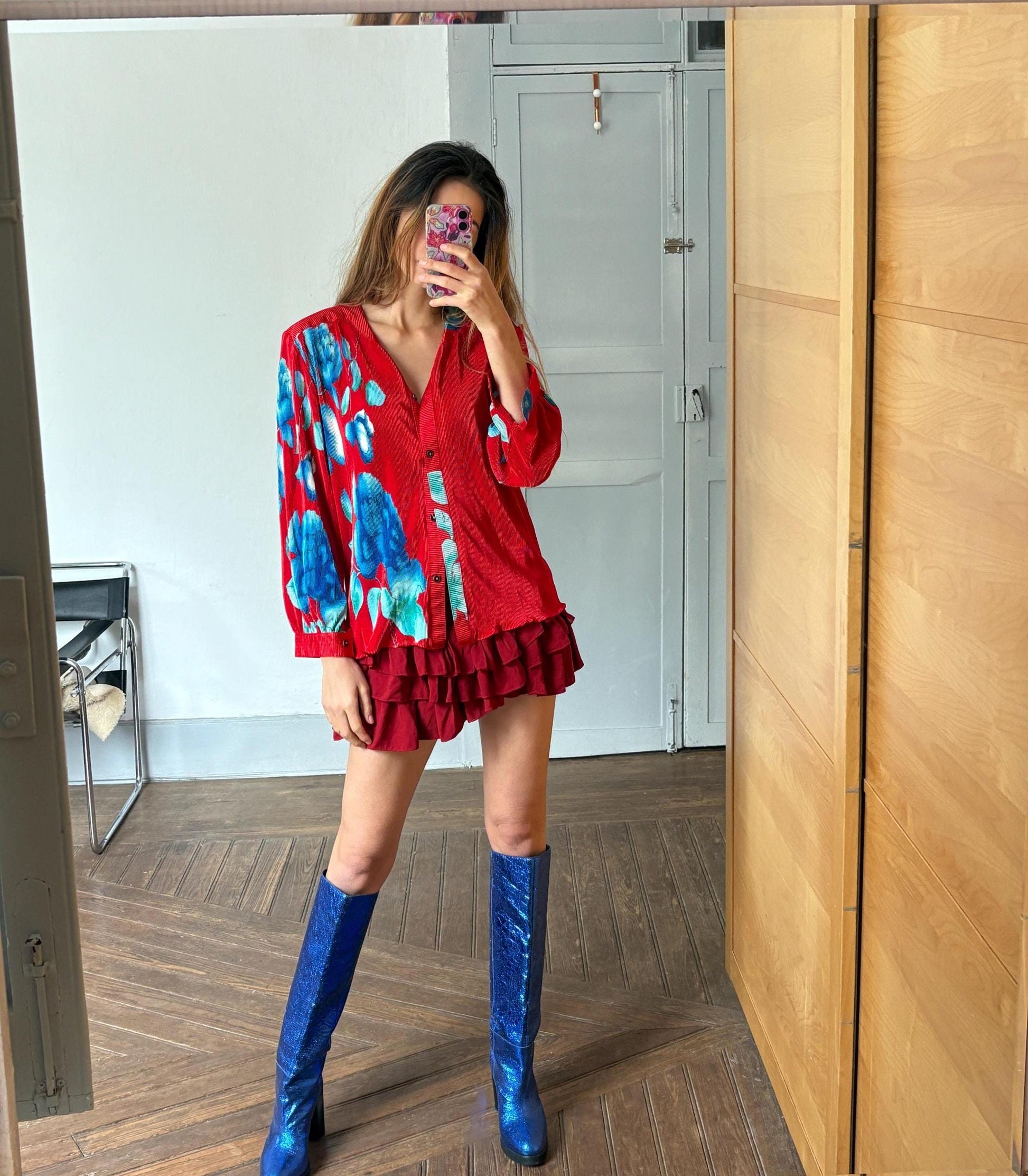 Vintage Bold Floral Blouse – Red & Blue Statement Shirt