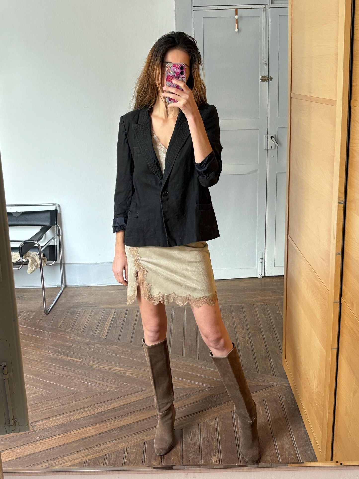 Vintage black linen woman blazer, Cute formal jacket, Minimalist wardrobe, Oversized boxy fit, Dark academia smart aesthetic, Size M