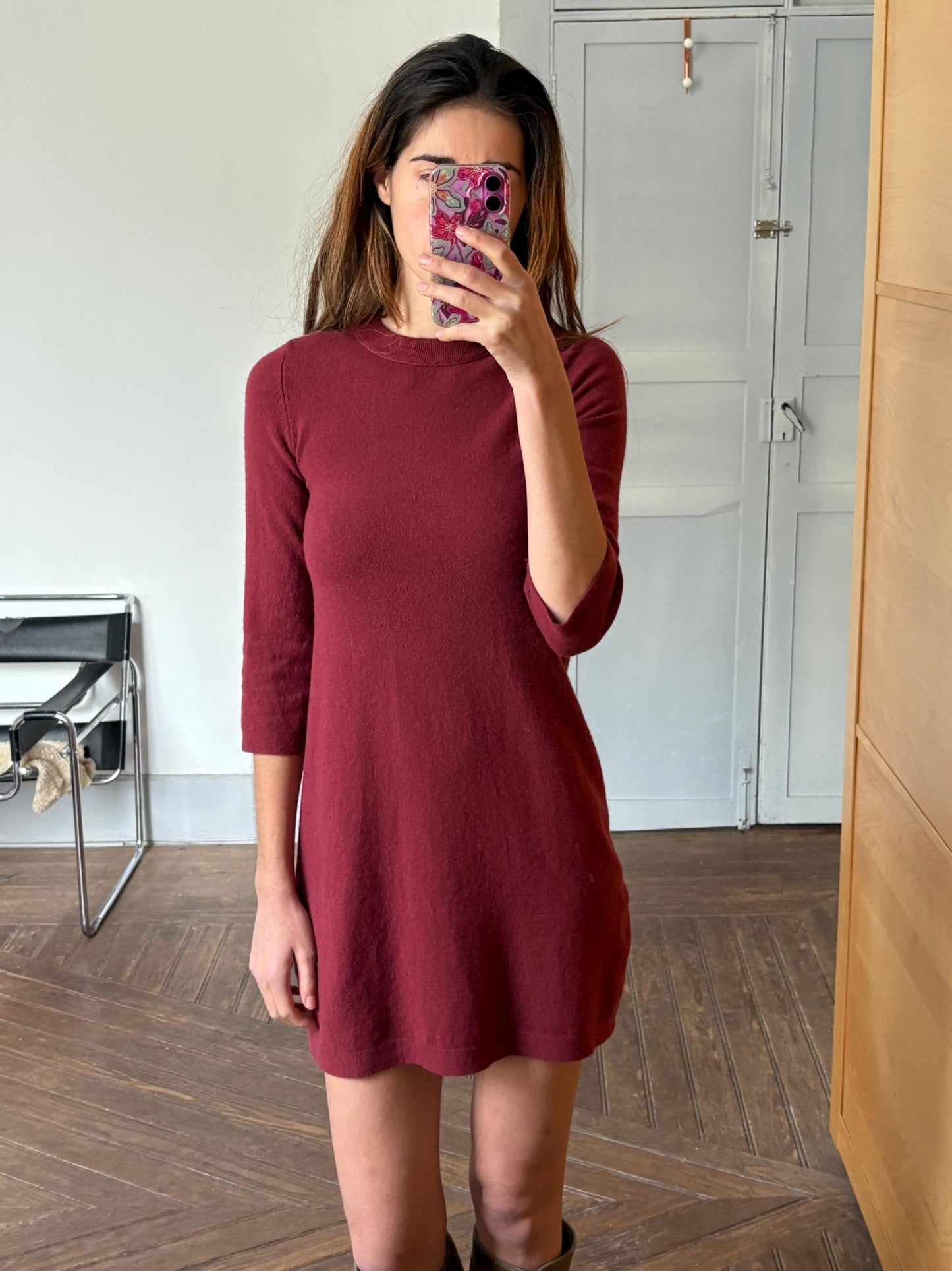 Vintage burgundy red merino wool mini dress, Cozy winter half sleeve simple dress, Virgin wool cute woman dress, Ethical minimalist wardrobe