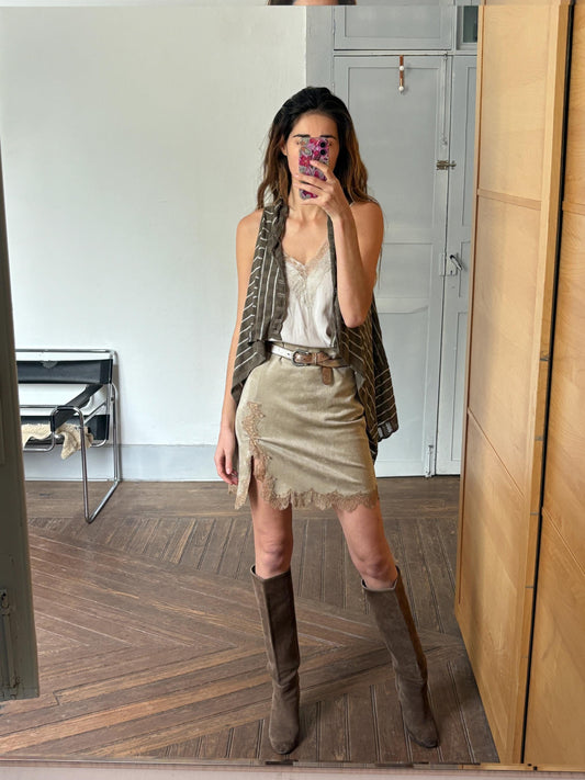 Vintage striped bolero, Elegant Women gilet, Sleeveless vest, formal waistcoat, Designer wear, Genfins moss green and white earthy cardigan