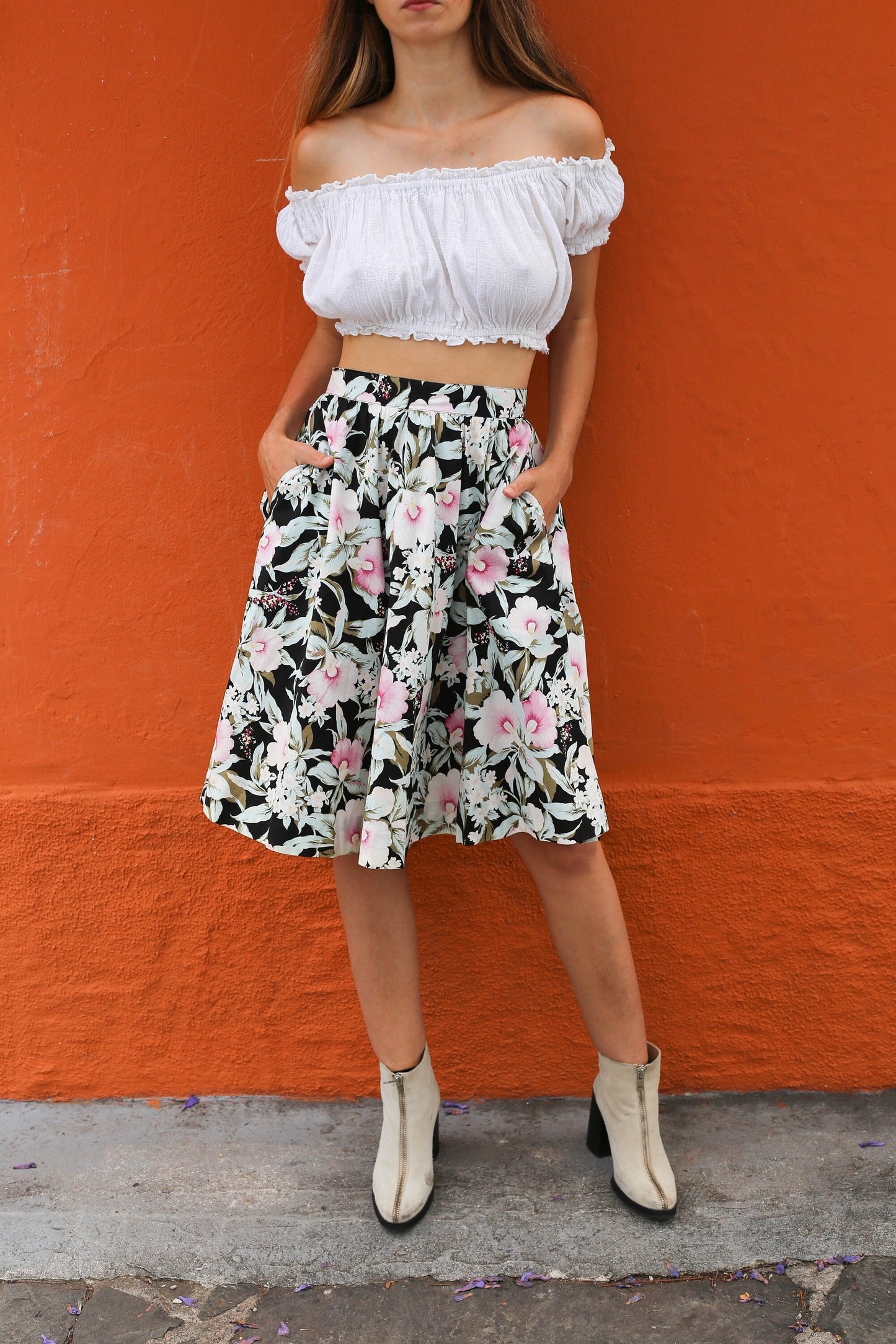 Vintage Floral Women's Skirt, Beautiful Pink Flowers, 100% Cotton