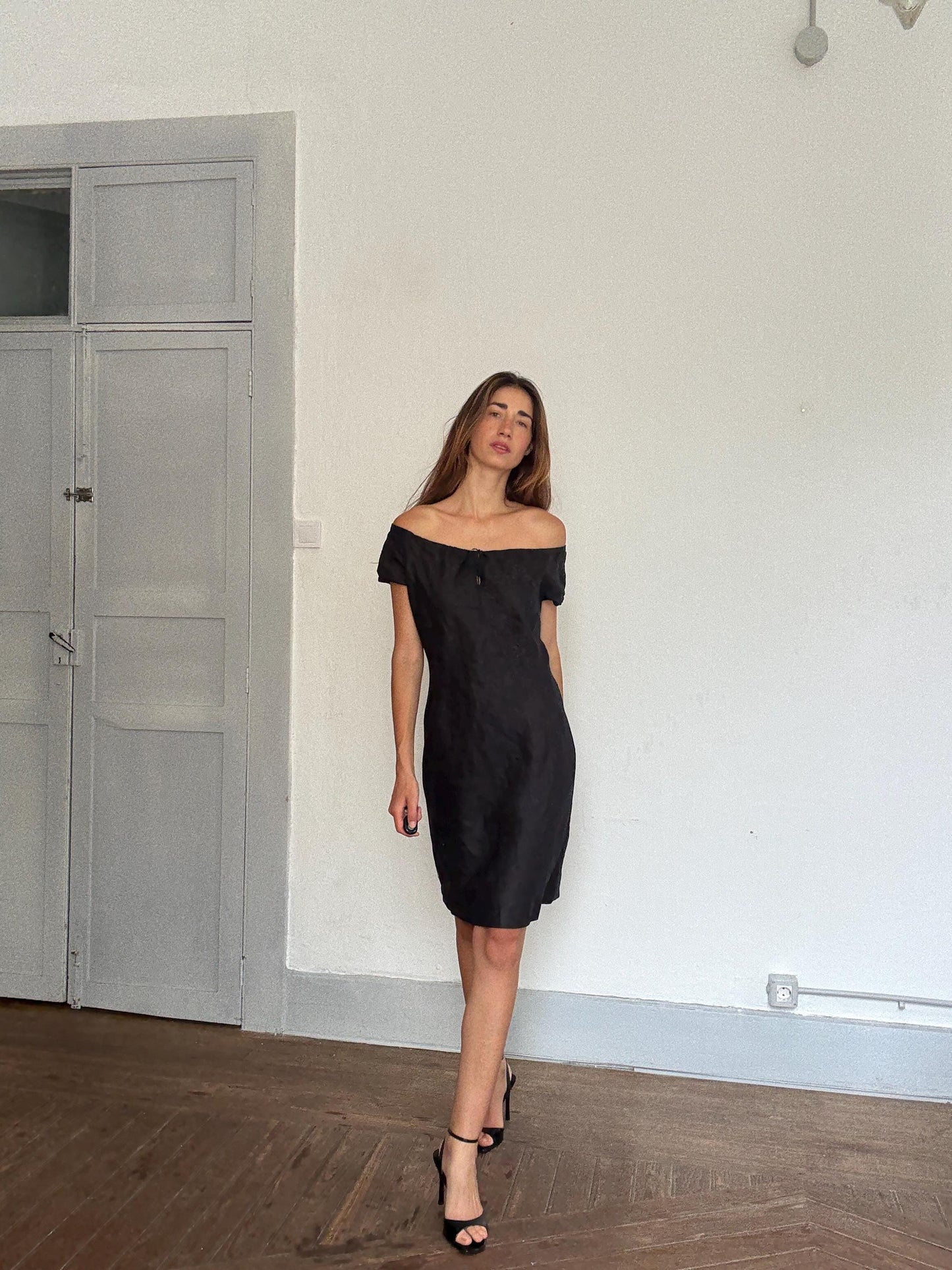 Black Floral Off-Shoulder Dress – United Colors of Benetton Style – Soft Synthetic Fabric – Size S by Measurements