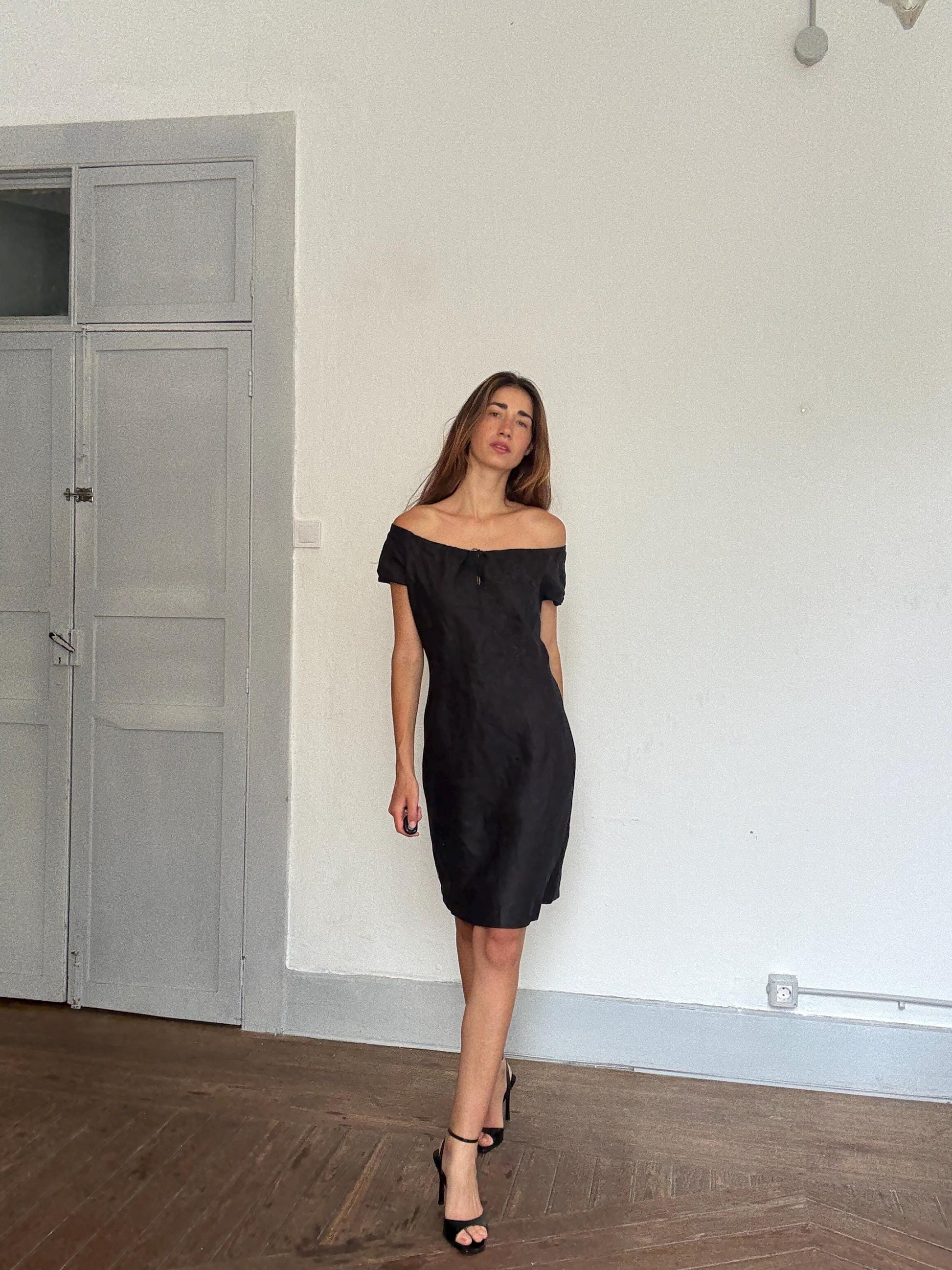 Black Floral Off-Shoulder Dress – United Colors of Benetton Style – Soft Synthetic Fabric – Size S by Measurements