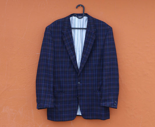 Dark academia blazer, Vintage oversized men blazer, Classic Dark Blue Plaid Virgin Wool Blazer - Timeless Vintage Elegance