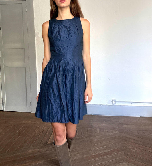 Adolfo Domínguez Vintage Blue Shimmer Dress – Metallic Look, Minimalist Aesthetic, Size S-M