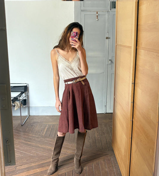 Vintage red patterned wavy midi skirt. Long handmade retro summer skirt.