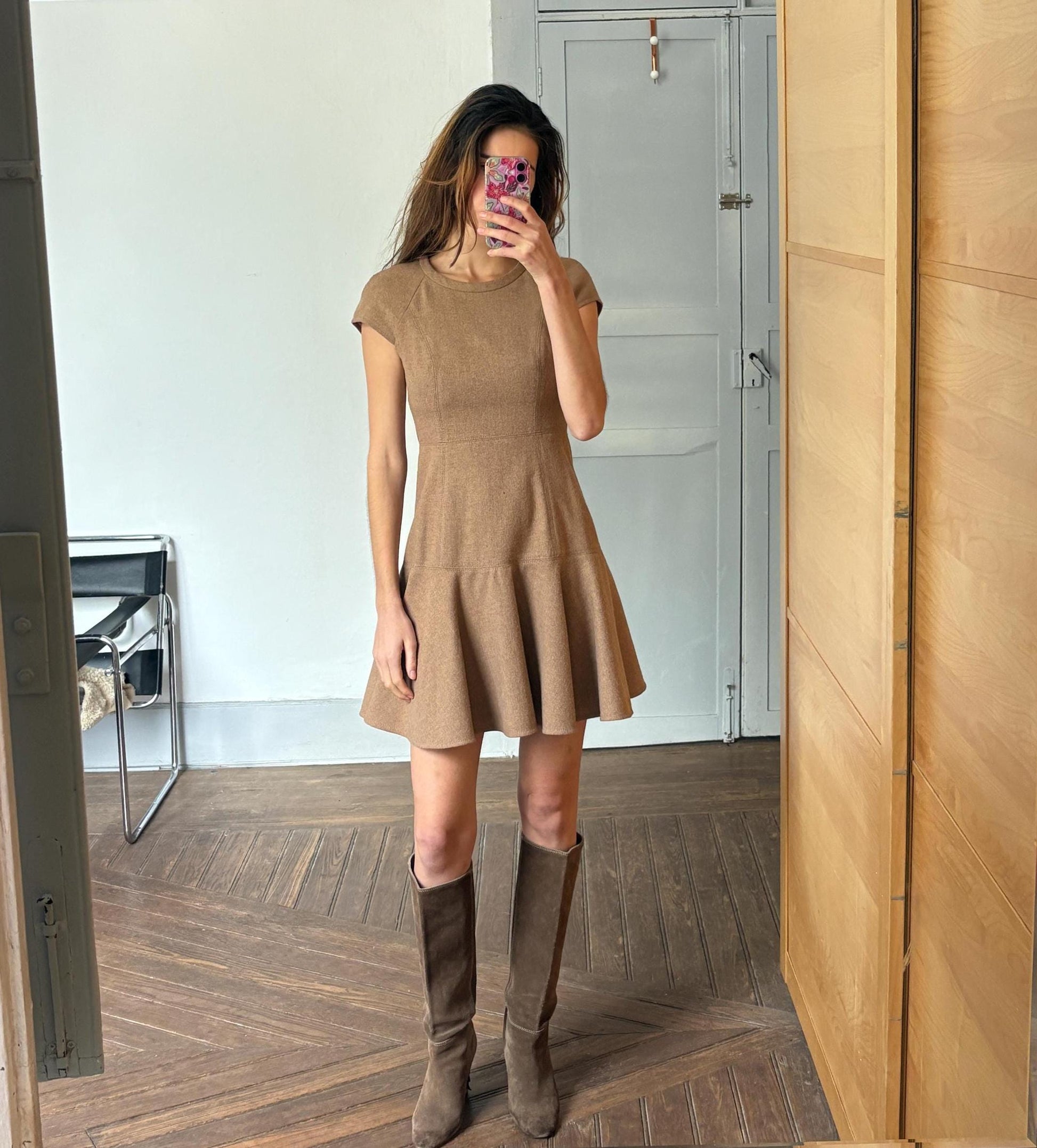 Vintage Adolfo Dominguez Fit & Flare Wool Dress | Soft Brown Mini Dress | Academia Fall Aesthetic