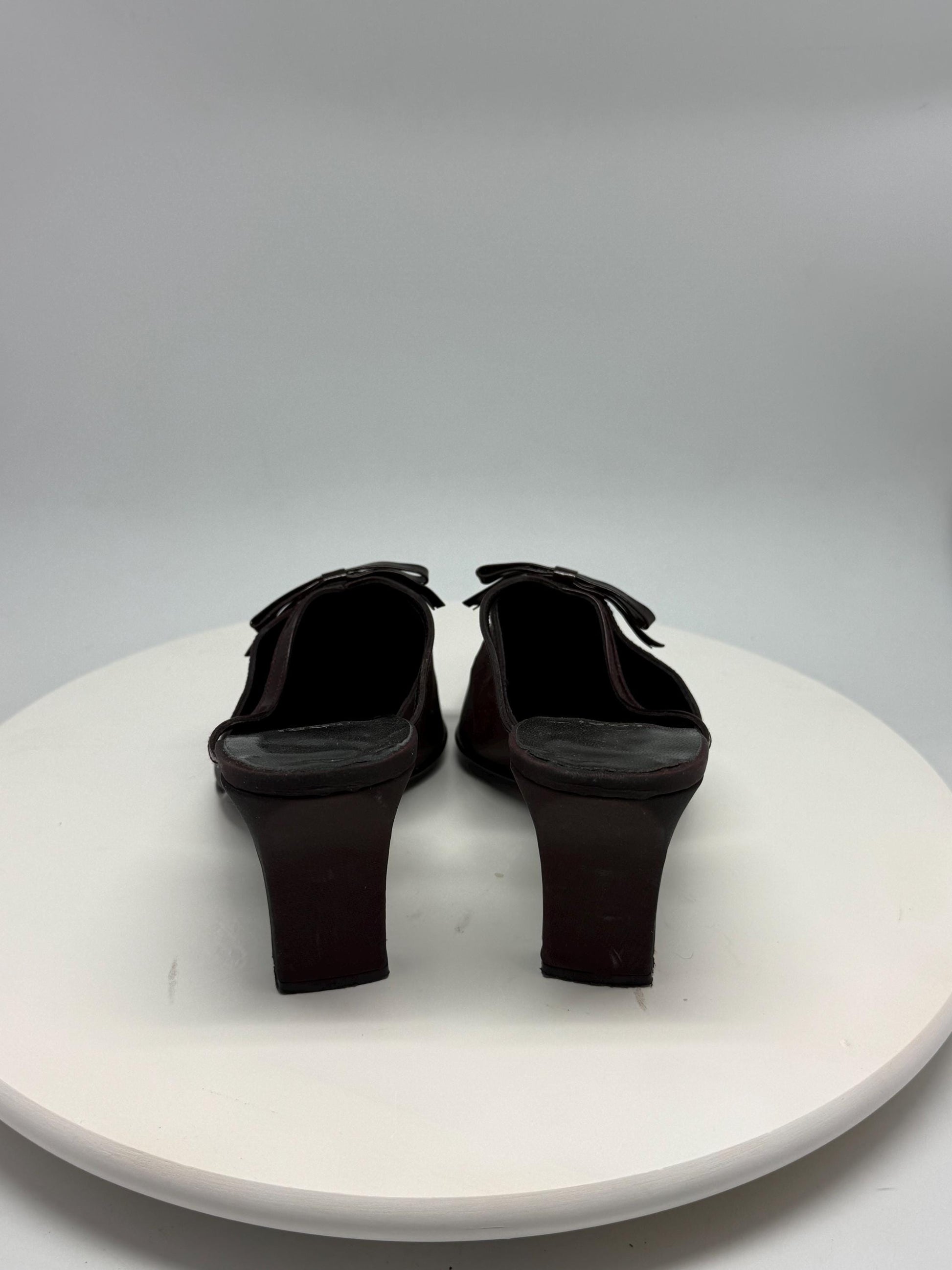 Lodi dark burgundy leather heels, pointed toe, glossy finish, minimalist strap detail, elegant chic, US 11, EU 41, evening wear