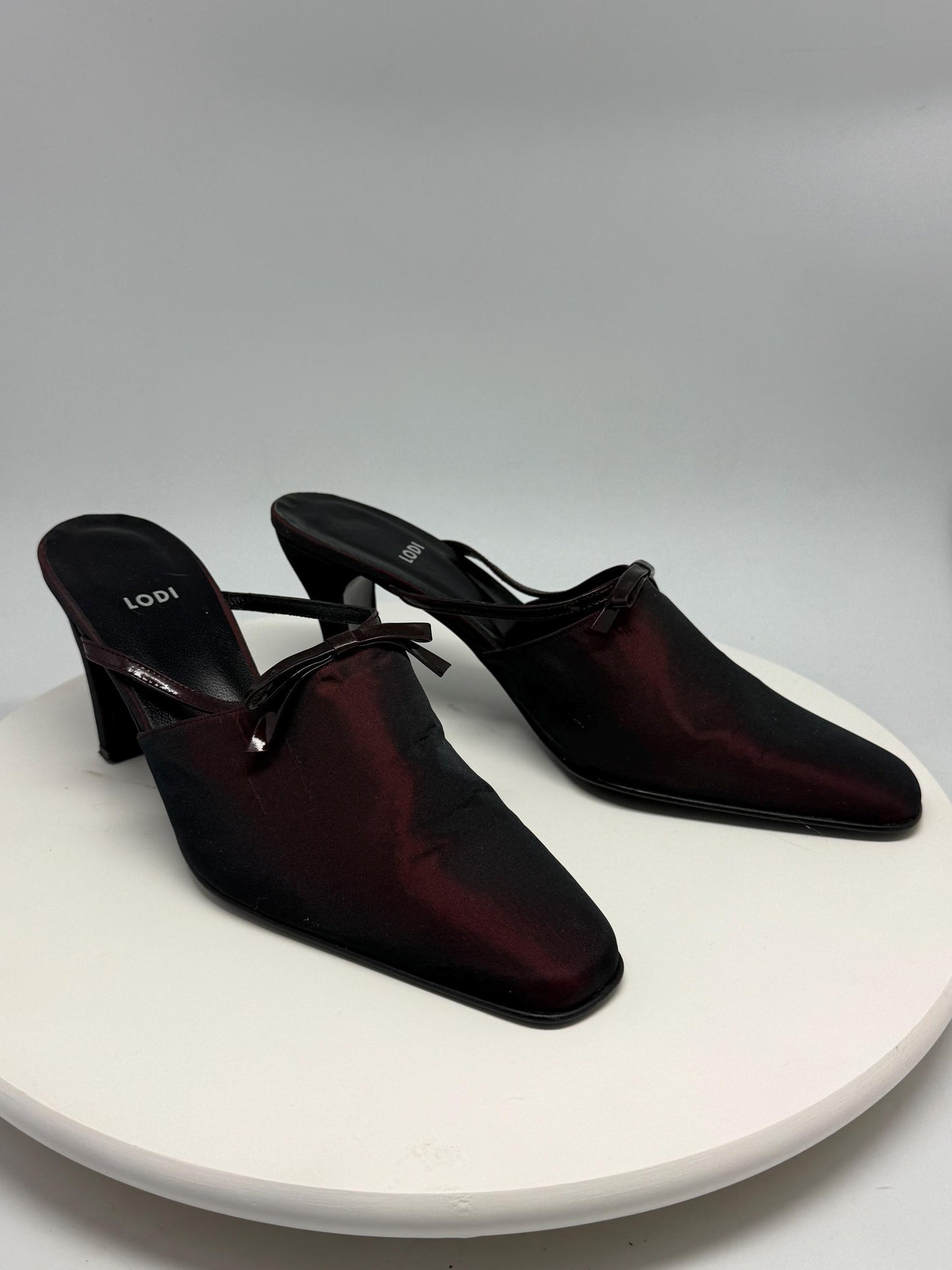 Lodi dark burgundy leather heels, pointed toe, glossy finish, minimalist strap detail, elegant chic, US 11, EU 41, evening wear