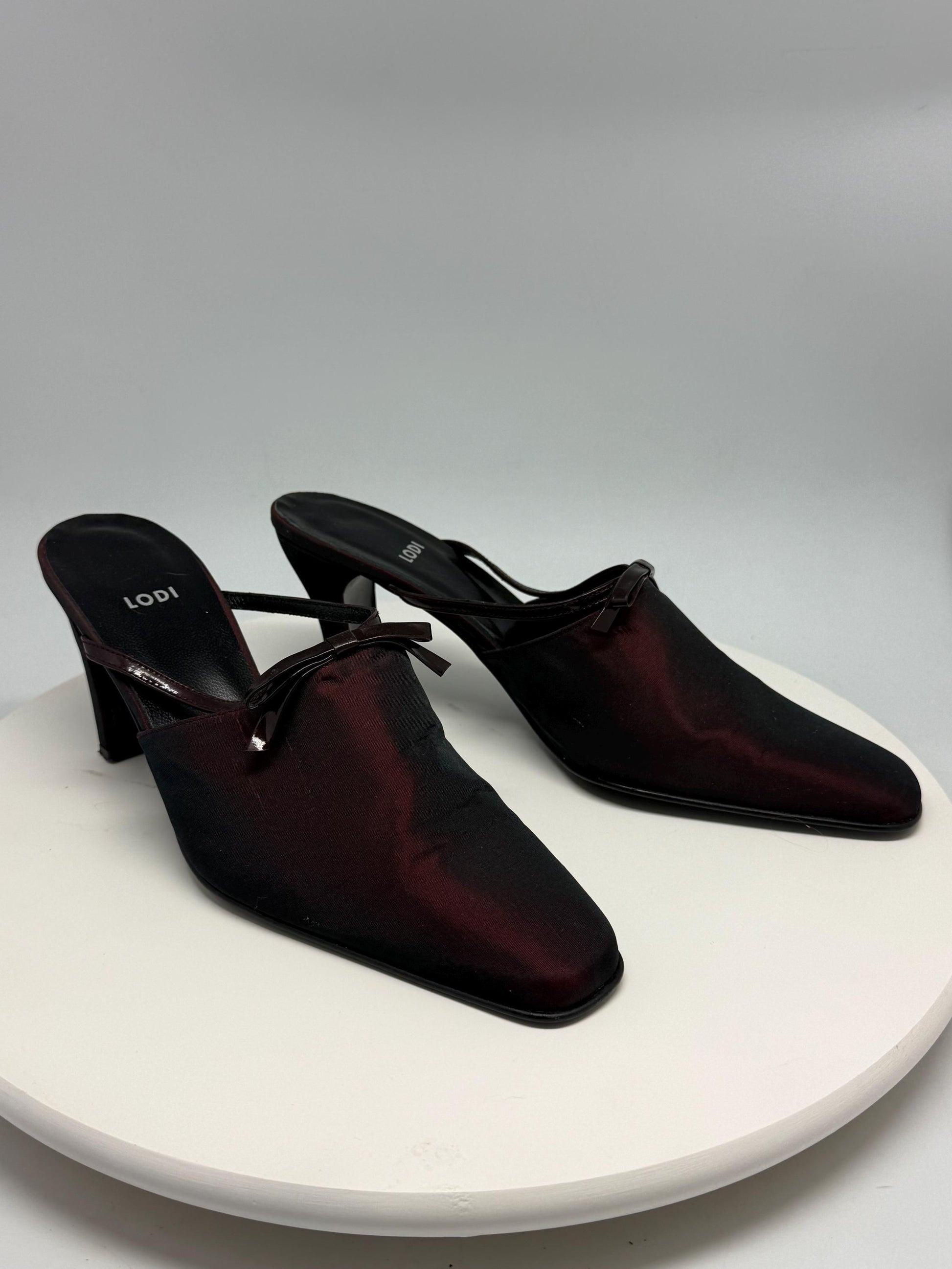 Lodi dark burgundy leather heels, pointed toe, glossy finish, minimalist strap detail, elegant chic, US 11, EU 41, evening wear