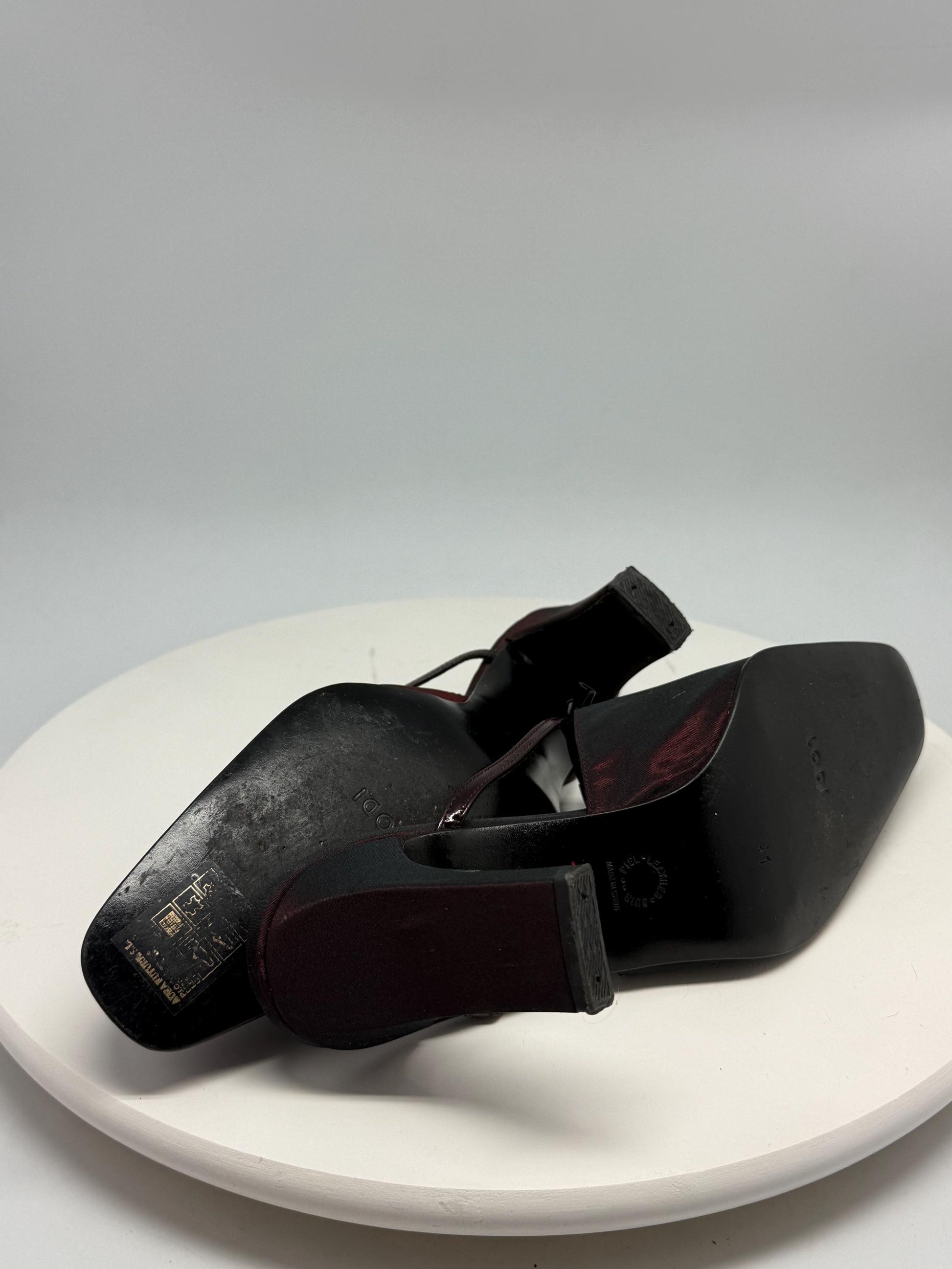 Lodi dark burgundy leather heels, pointed toe, glossy finish, minimalist strap detail, elegant chic, US 11, EU 41, evening wear