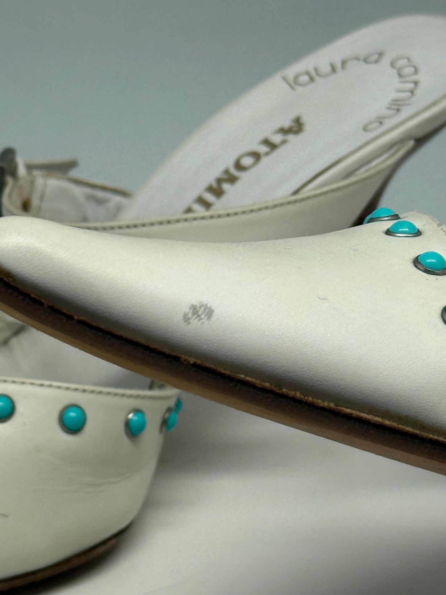 Laura Camino white leather mules, genuine leather, pointed toe, made in spain, turquoise embellishments, minimalist modern, US 7.5, EU 38