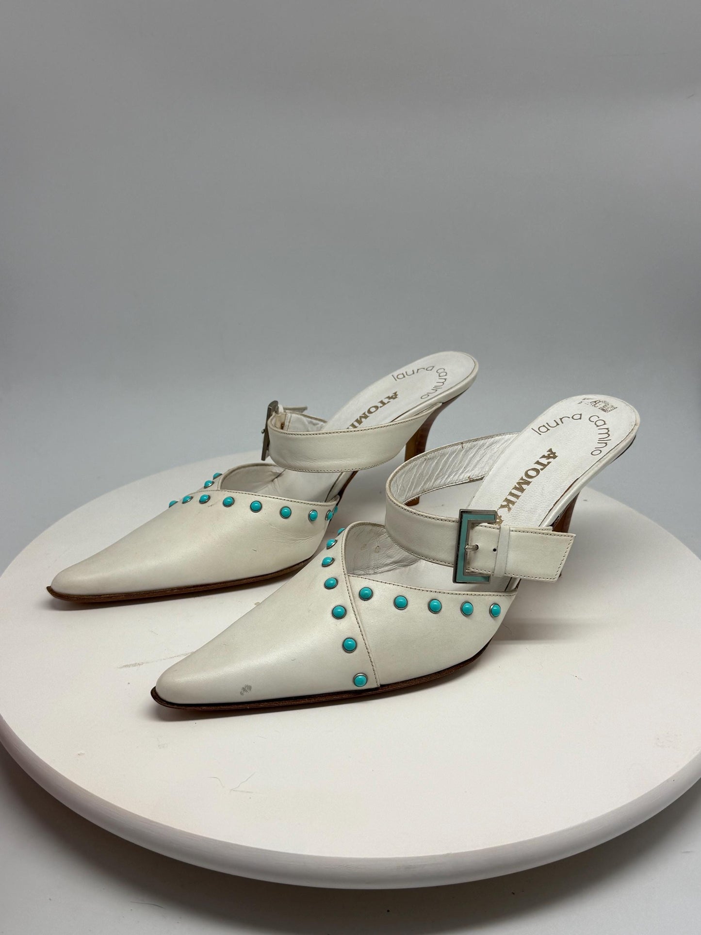 Laura Camino white leather mules, genuine leather, pointed toe, made in spain, turquoise embellishments, minimalist modern, US 7.5, EU 38
