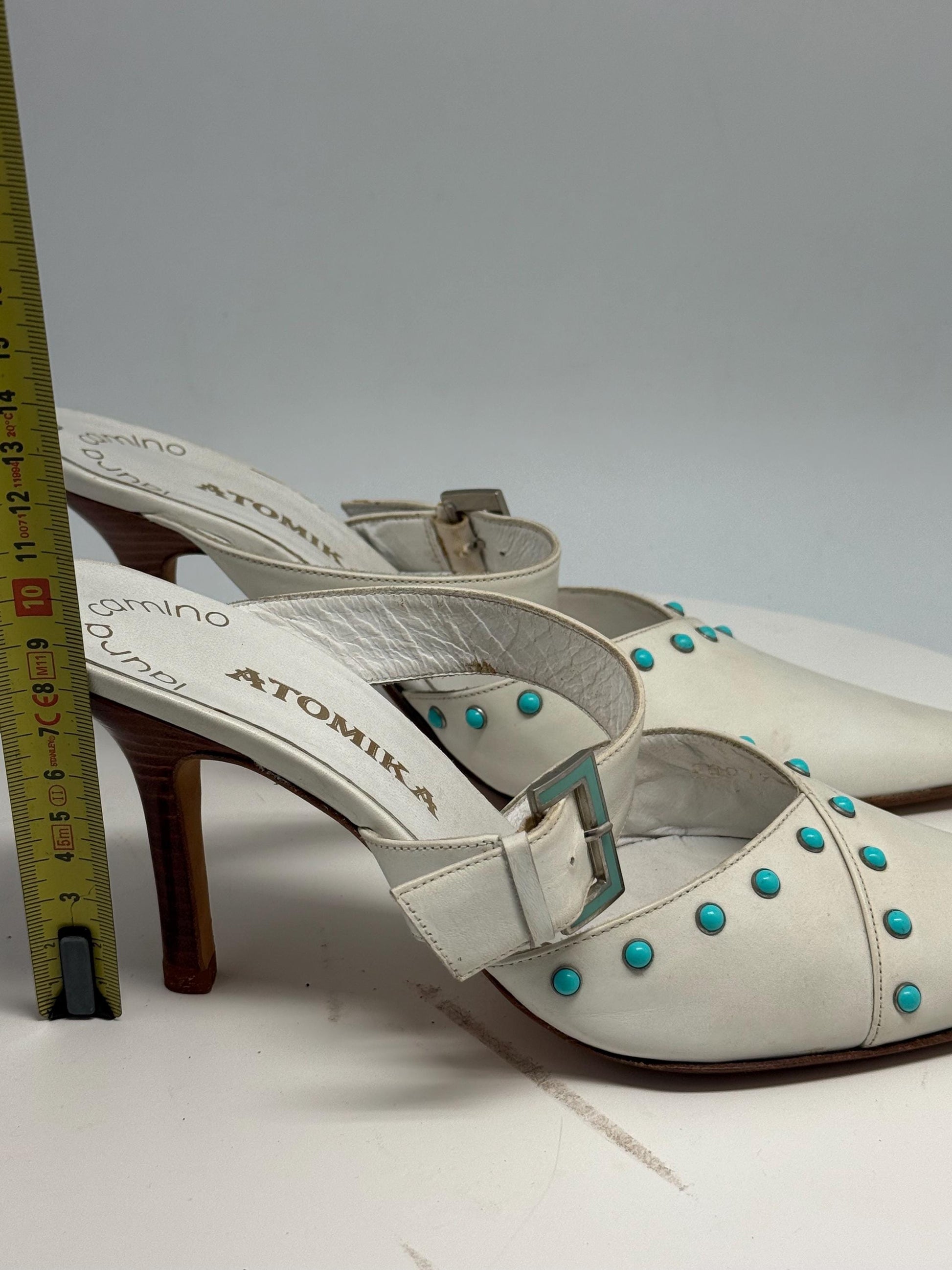 Laura Camino white leather mules, genuine leather, pointed toe, made in spain, turquoise embellishments, minimalist modern, US 7.5, EU 38