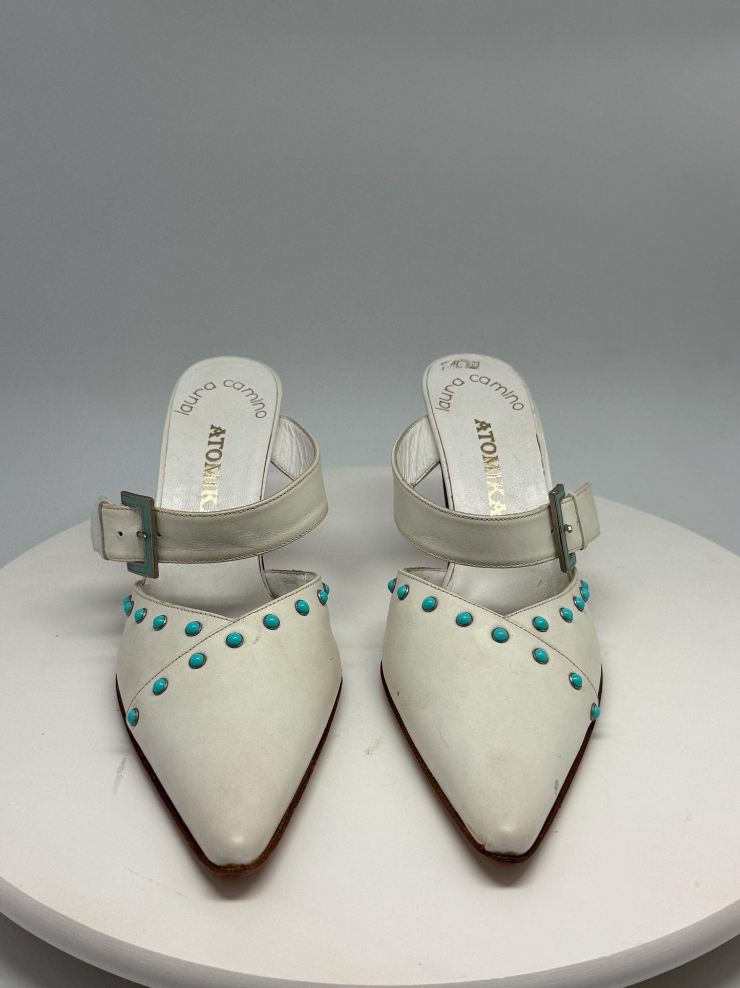 Laura Camino white leather mules, genuine leather, pointed toe, made in spain, turquoise embellishments, minimalist modern, US 7.5, EU 38