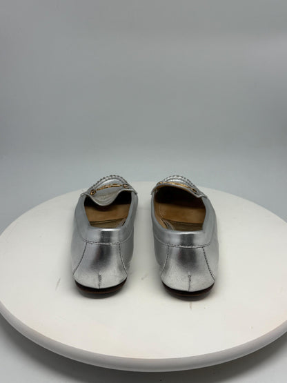 Silver Leather Loafers, Vintage Italian Slip-On Shoes