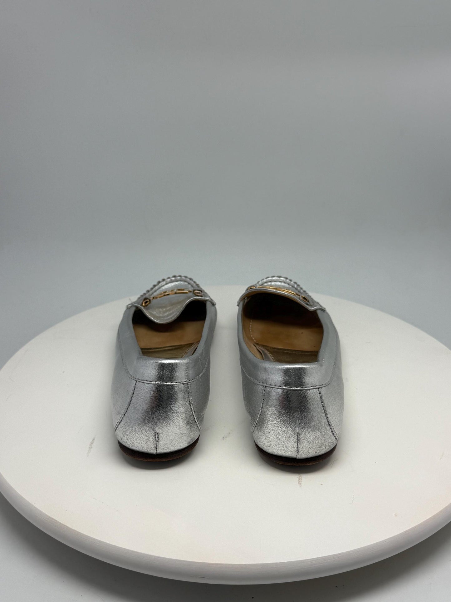 Dolce & Gabbana Silver Leather Loafers — fabric close-up