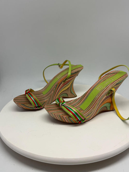 Vintage multicolored wedge sandals, genuine leather, Made in Italy, wood heel, buckle ankle strap, y2k inspired, US 8 - EU 38, summer style
