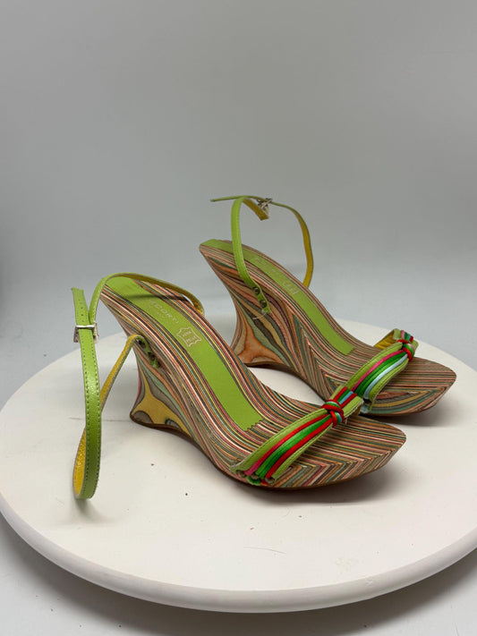 Vintage multicolored wedge sandals, genuine leather, Made in Italy, wood heel, buckle ankle strap, y2k inspired, US 8 - EU 38, summer style