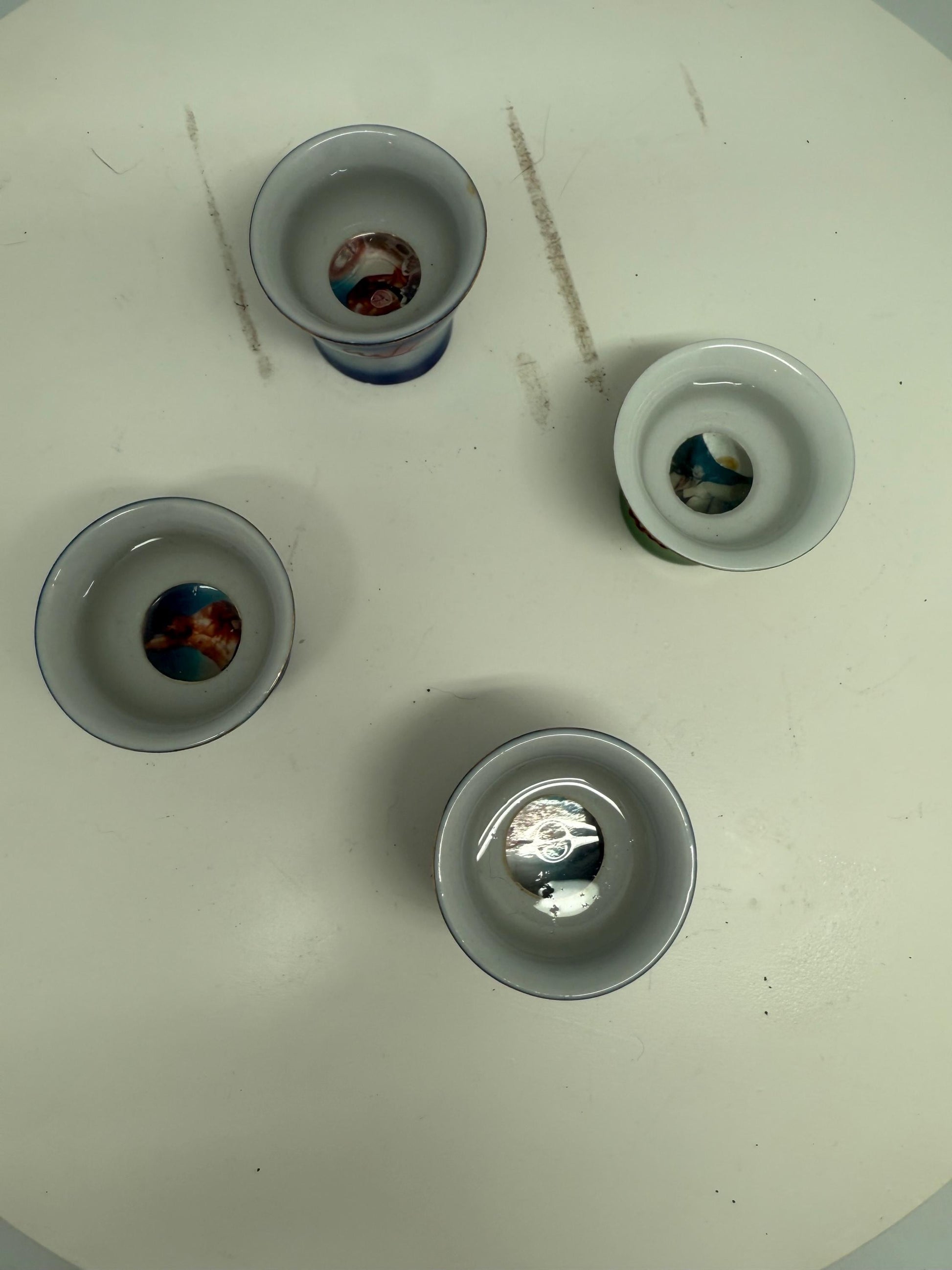 Vintage naughty reveal shot glass set, ceramic, intricate hand painted designs, retro 70s, barware collection