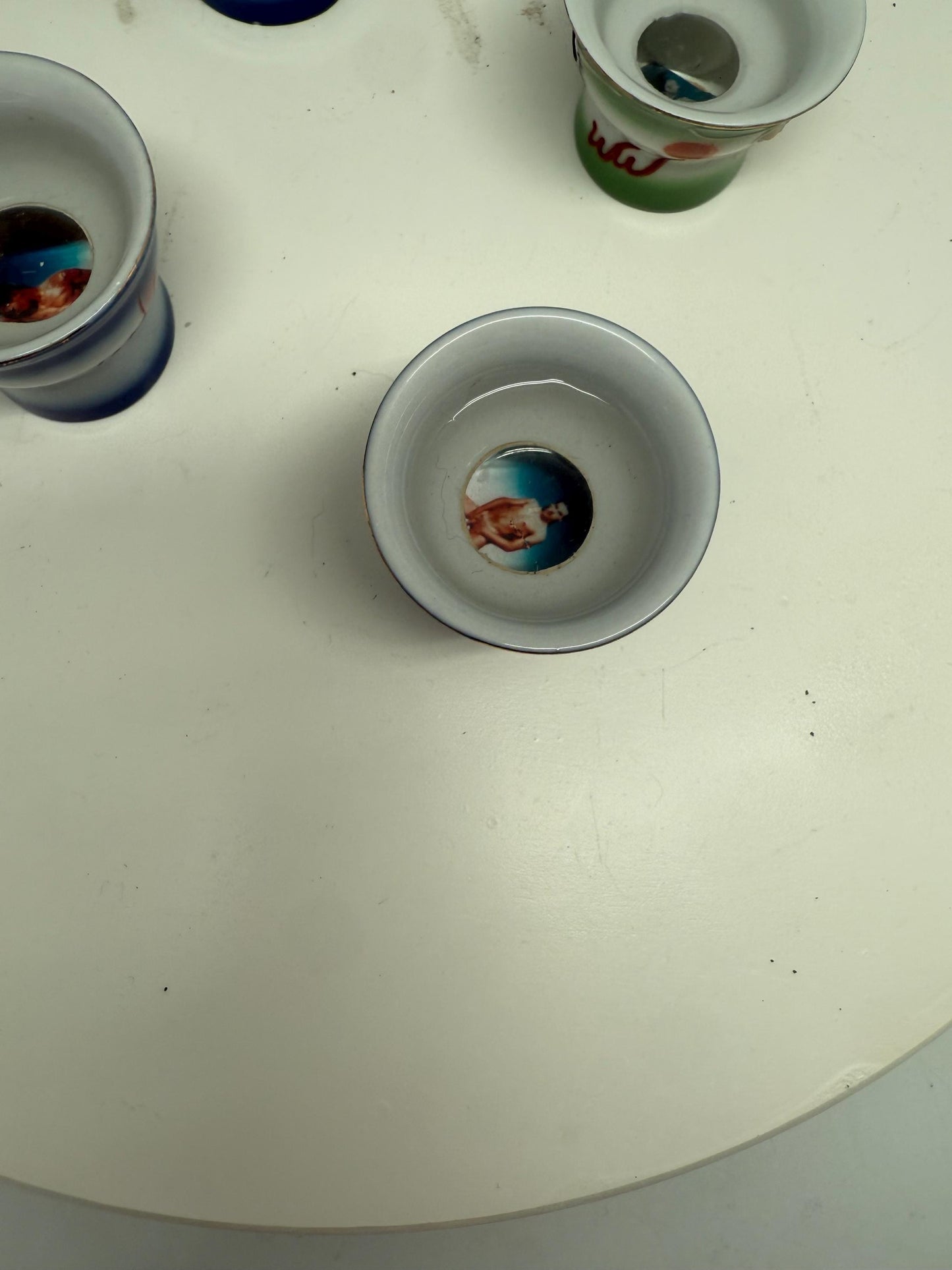 Vintage naughty reveal shot glass set, ceramic, intricate hand painted designs, retro 70s, barware collection