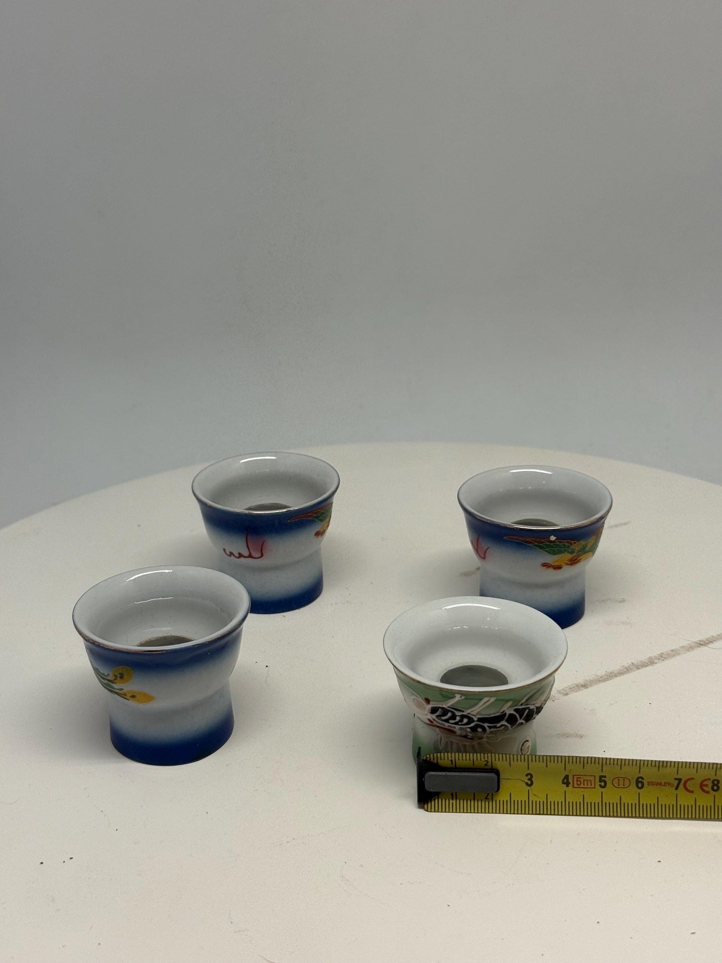 Vintage naughty reveal shot glass set, ceramic, intricate hand painted designs, retro 70s, barware collection