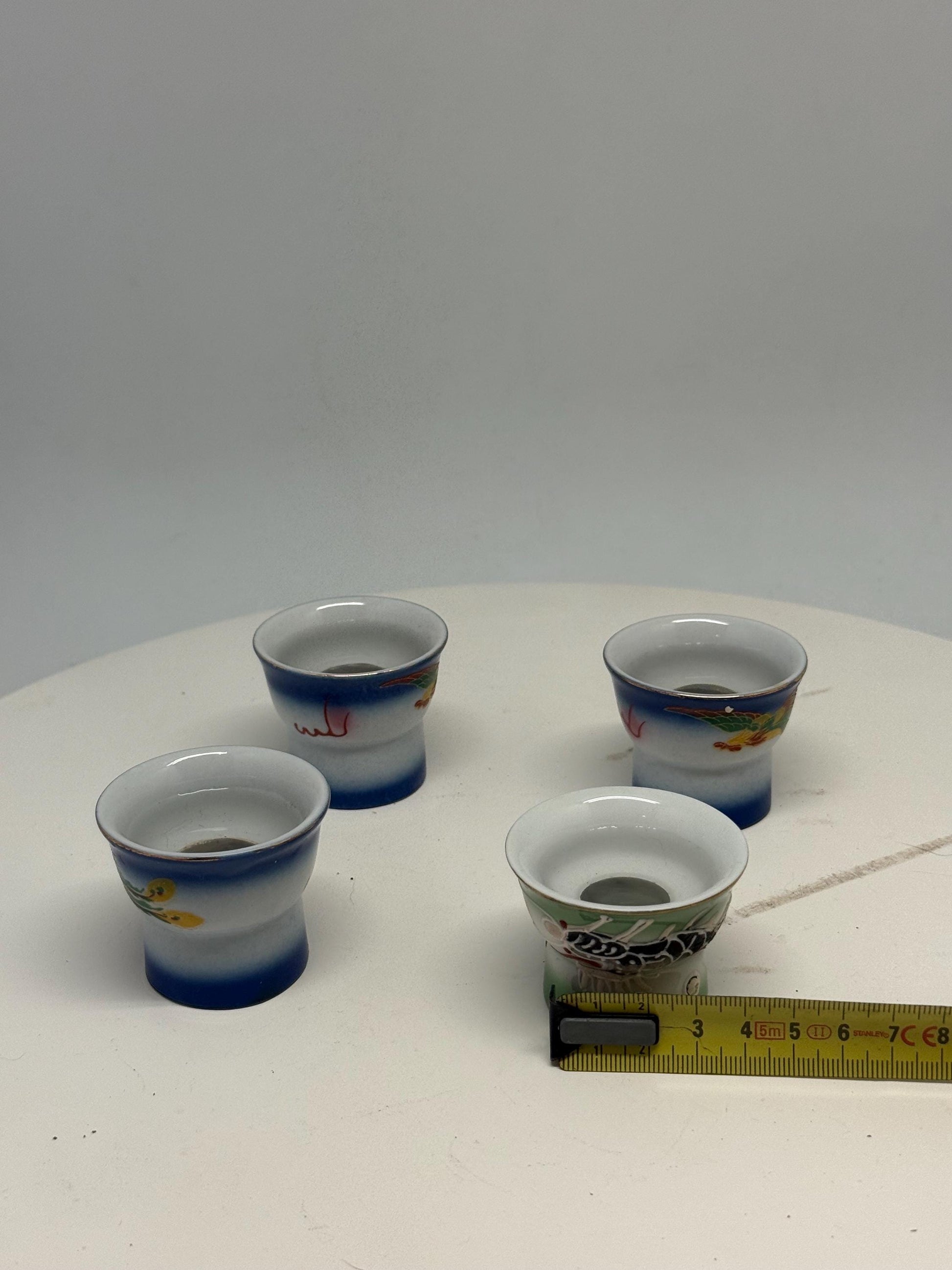 Vintage naughty reveal shot glass set, ceramic, intricate hand painted designs, retro 70s, barware collection