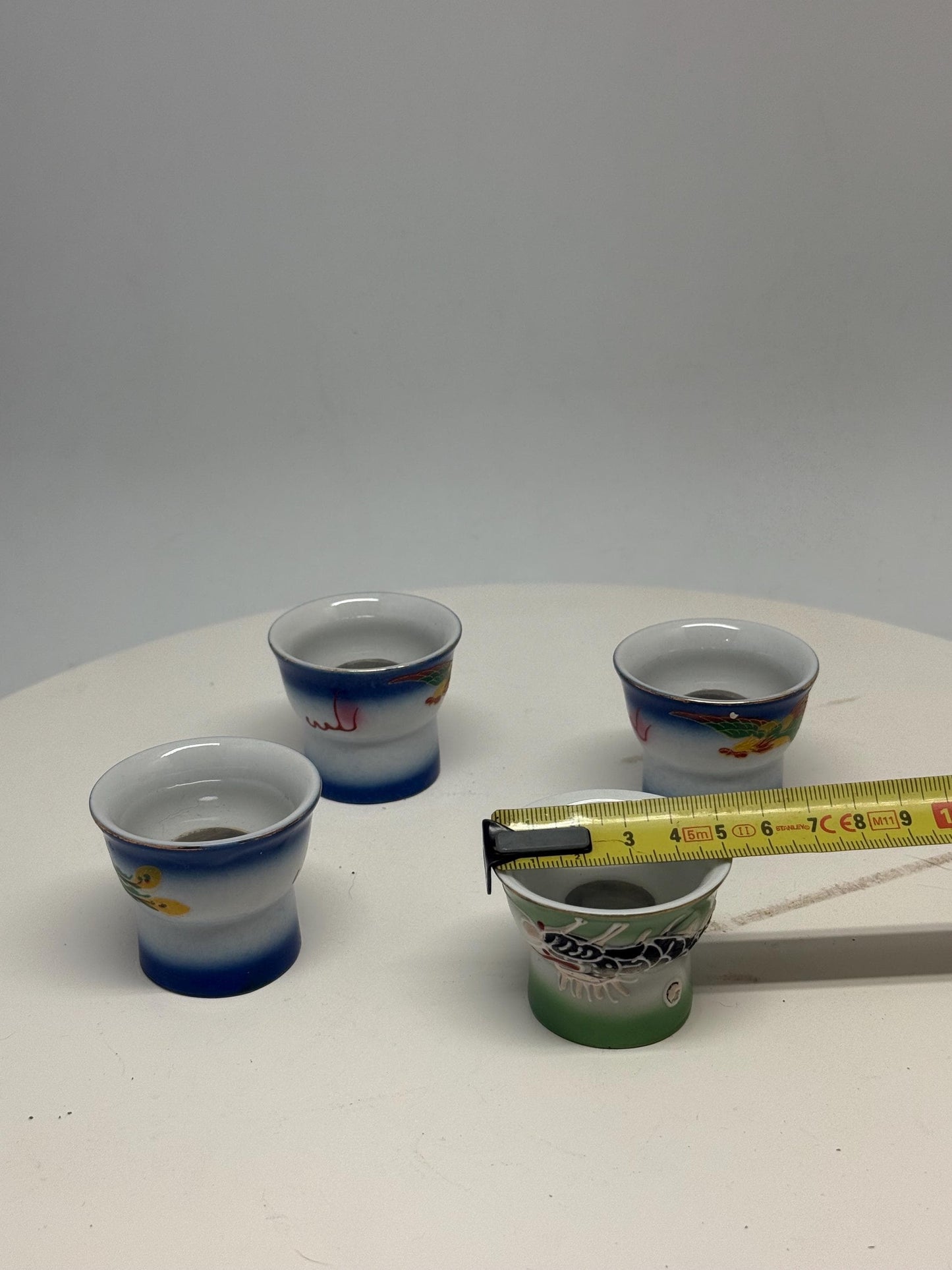 Vintage naughty reveal shot glass set, ceramic, intricate hand painted designs, retro 70s, barware collection