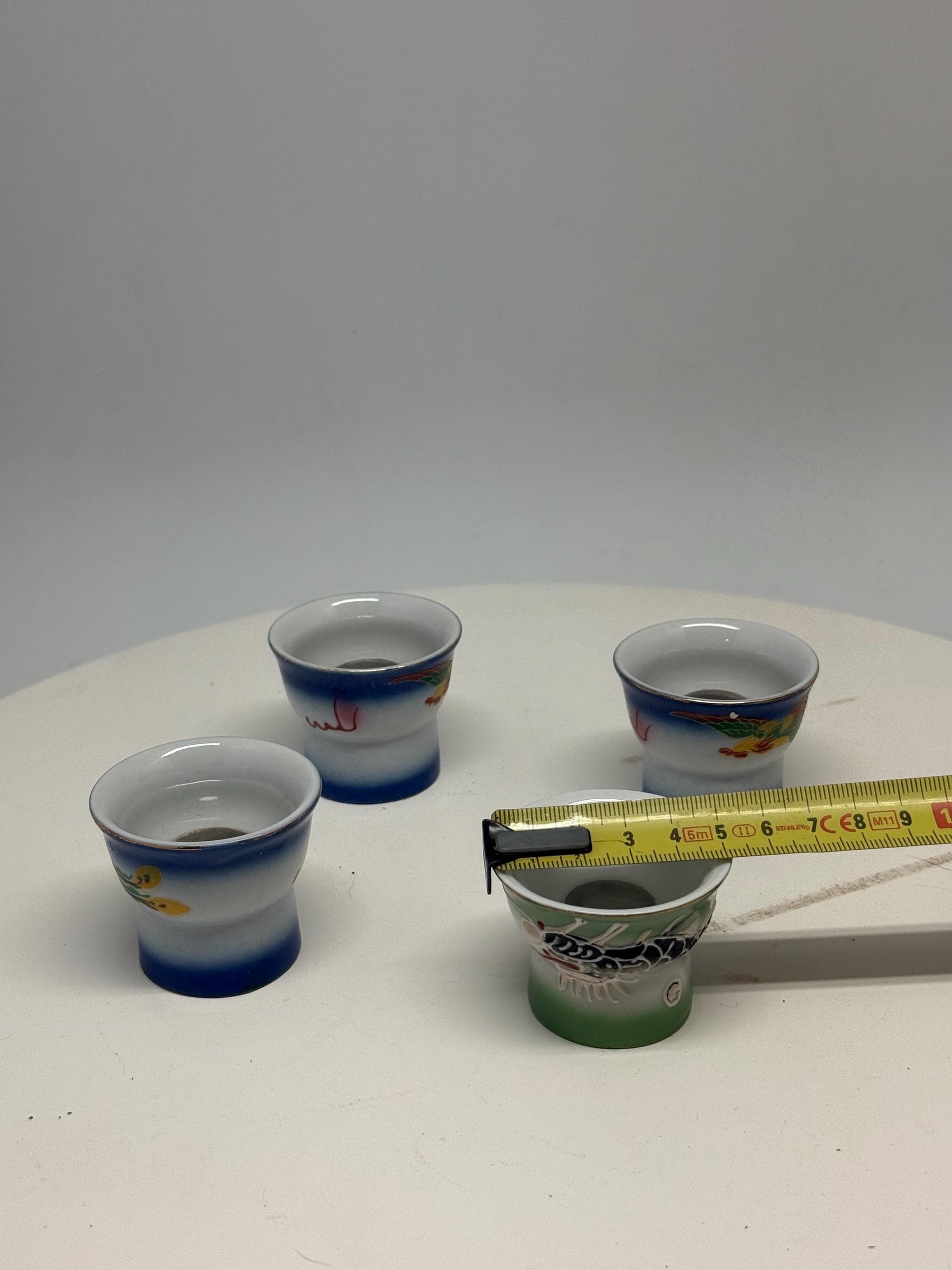 Vintage naughty reveal shot glass set, ceramic, intricate hand painted designs, retro 70s, barware collection